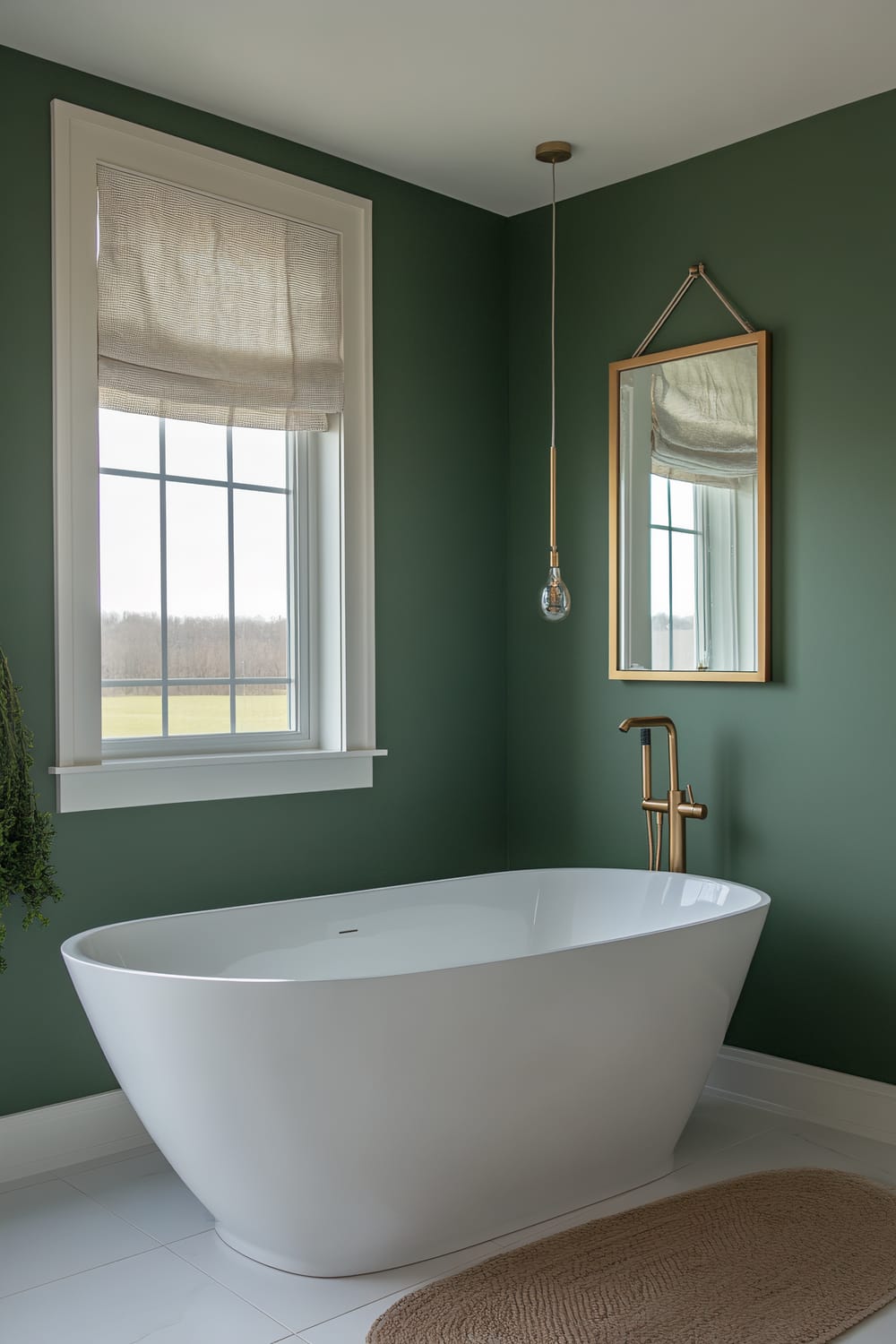 A modern bathroom with deep green walls showcases a sleek white freestanding bathtub. Above the tub, a minimalist gold-finished floor-mounted faucet extends from the wall. To the right of the bathtub is a large, vertically hanging mirror with a gold frame. The window next to the bathtub is dressed with a simple beige Roman shade, allowing natural light to filter in. A single exposed light bulb pendant hangs from the ceiling, adding a touch of industrial aesthetic. The white-tiled floor has a beige, textured bath mat placed adjacent to the bathtub.