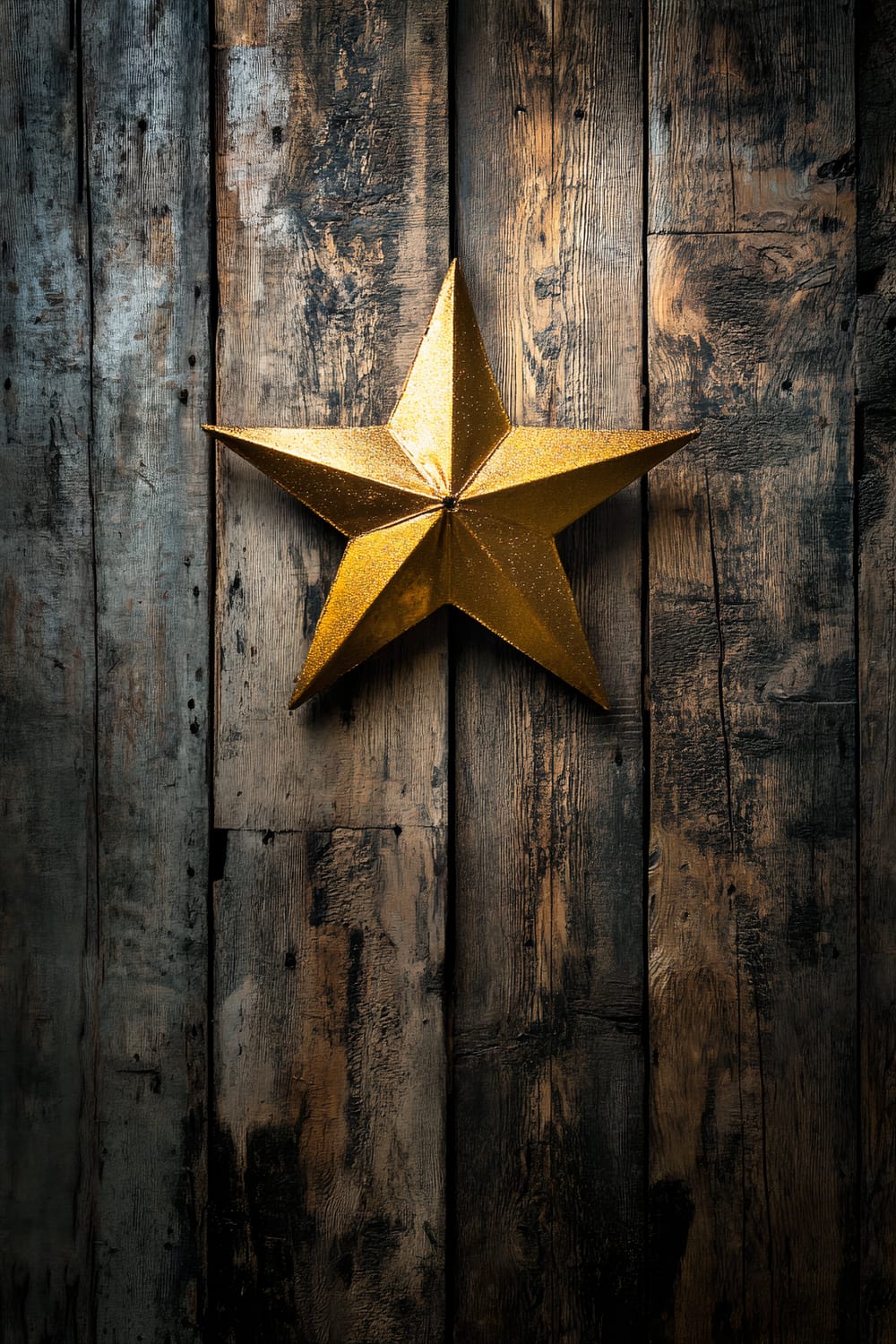 A golden, five-pointed star hangs on a rustic, weathered wooden wall with visible grain and texture.