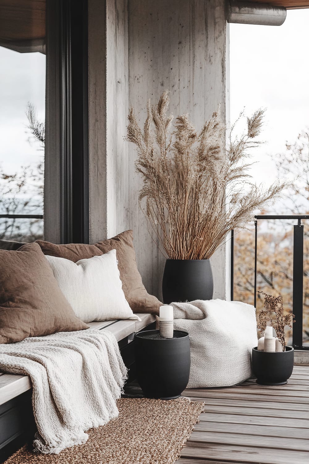 A serene balcony featuring a wooden bench with beige cushions and a white throw blanket, black planters with tall dried grasses, and various textured elements including a wicker mat.