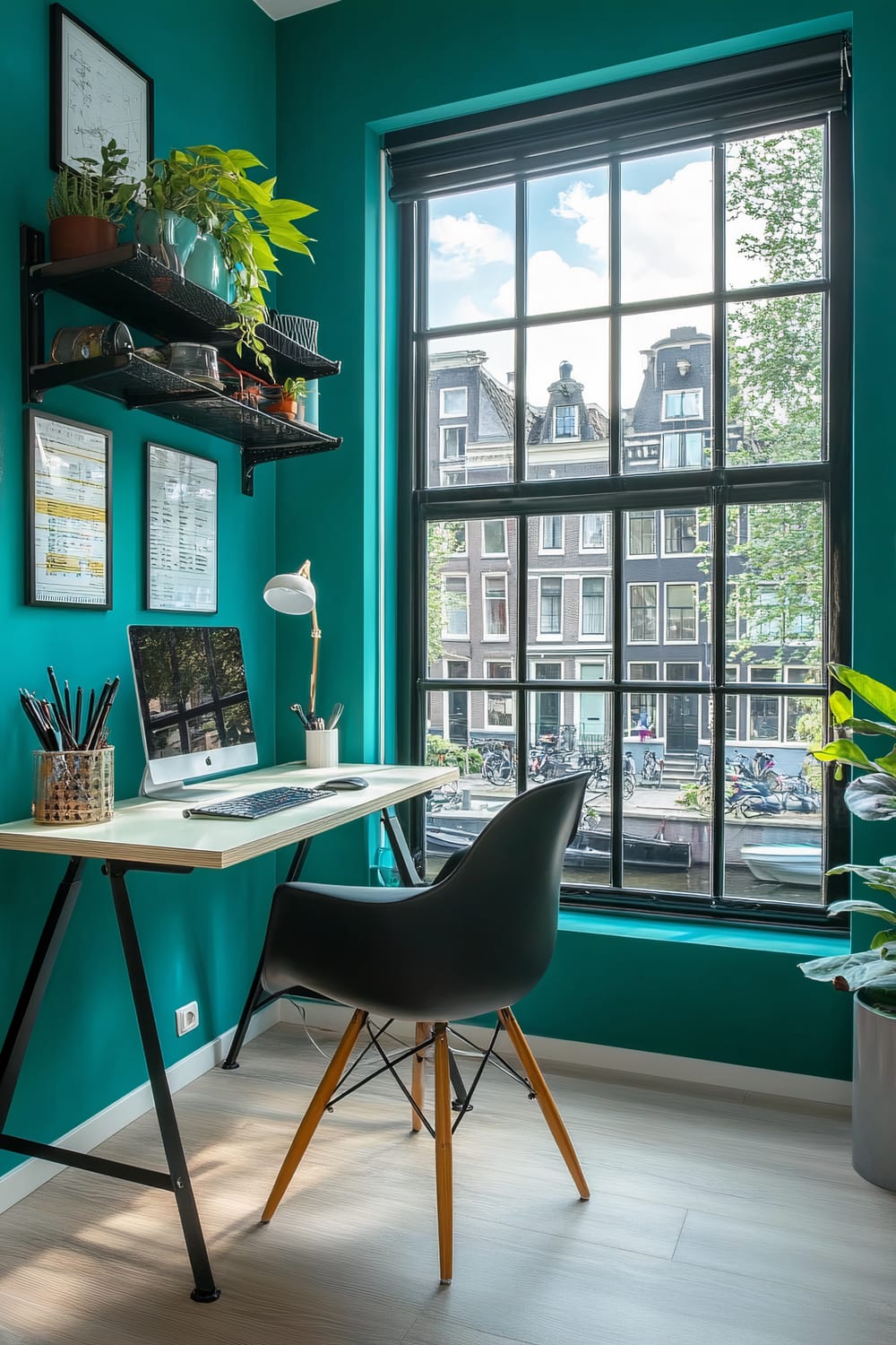 An image of a small, modern home office with turquoise-painted walls. A black-framed window offers a view of a canal and traditional buildings. A white desk is equipped with an iMac, a white lamp, a pencil holder, and a keyboard. A black chair with wooden legs is positioned at the desk. Floating black shelves hold various items and green plants. Framed artwork and documents are hung on the wall next to the shelves.