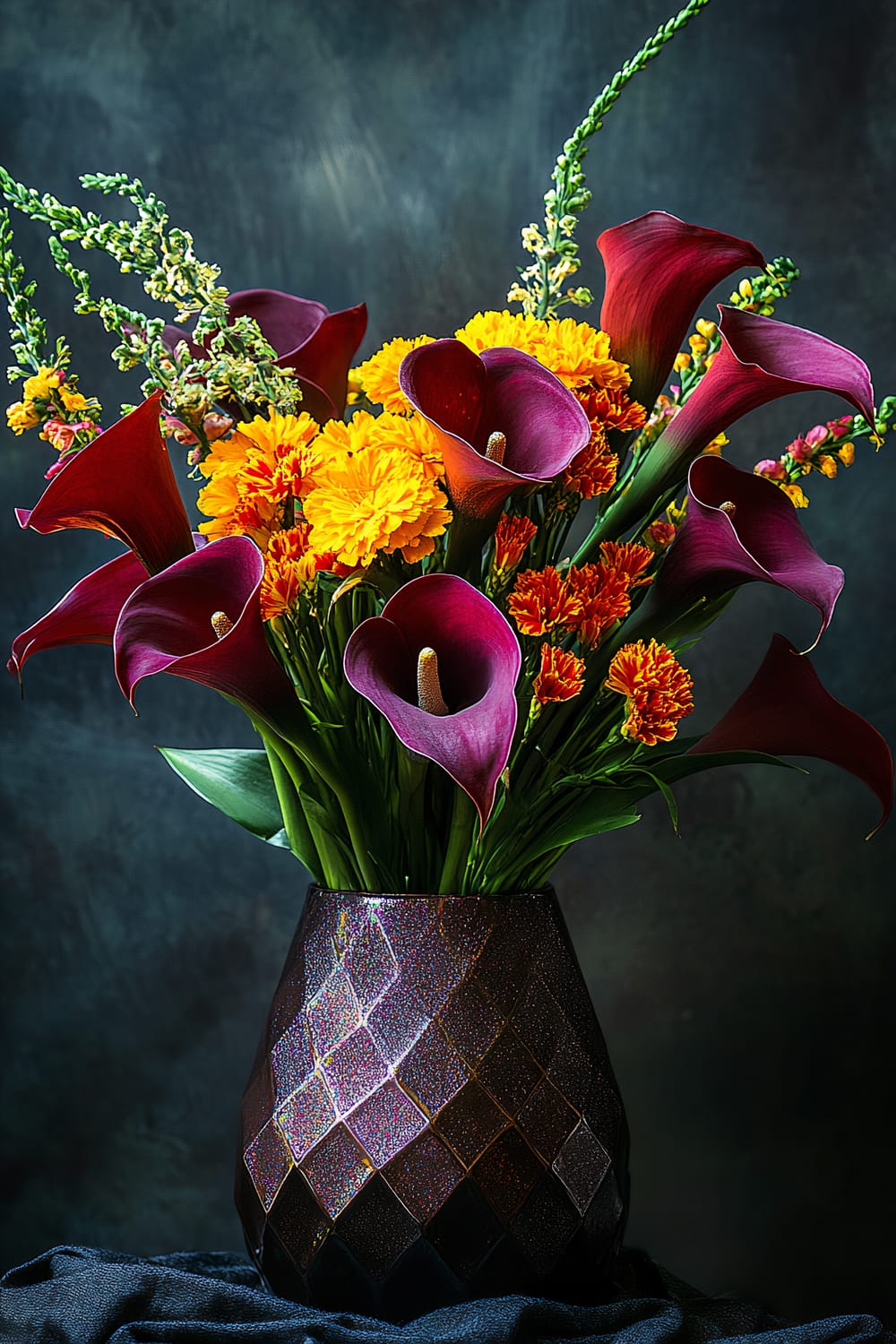 An elegant floral arrangement featuring deep burgundy calla lilies, vibrant yellow and orange marigolds, and green accents, all arranged in a faceted, dark-hued vase placed against a dark backdrop.