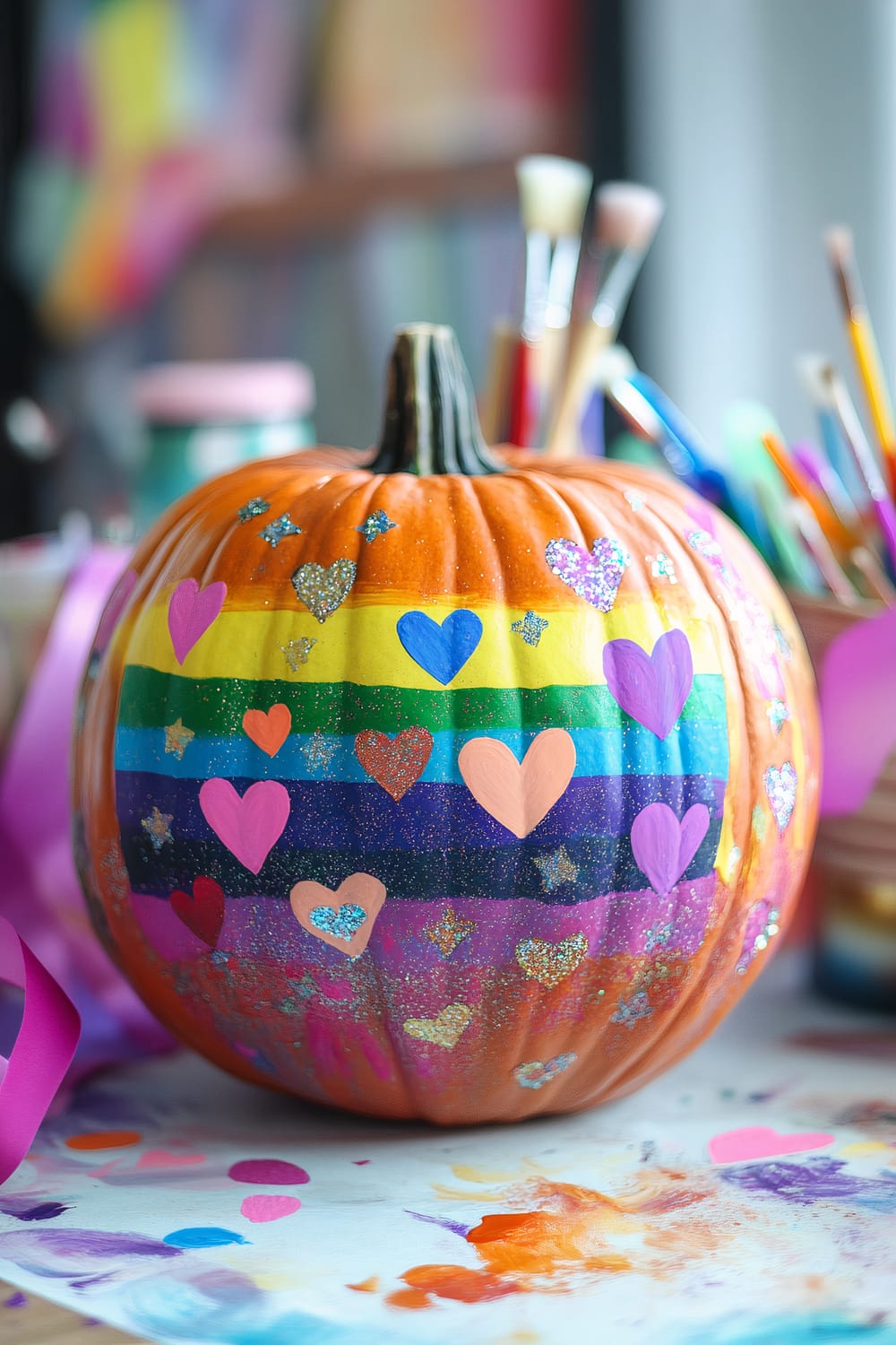 An orange pumpkin is intricately painted with vibrant horizontal stripes resembling a rainbow, adorned with multicolored hearts and glittery stars. The background includes an array of art supplies such as paintbrushes in a cup, paints, and a partly visible canvas covered in colorful splashes and strokes.