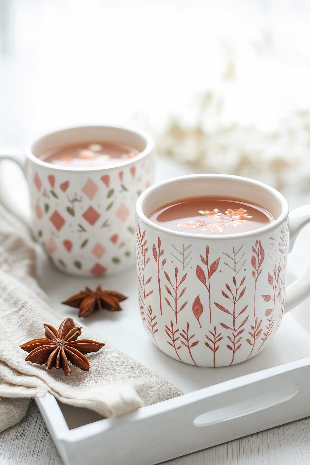 Two ceramic mugs with patterned exteriors filled with spiced cider, placed on a clean white tray. The mugs have bold designs and are accompanied by star anise and a beige cloth, all set under soft natural light.