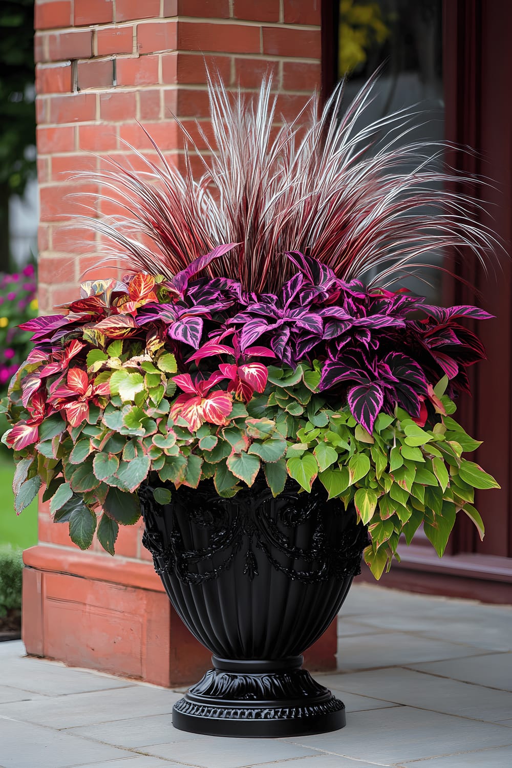 The image depicts a large black planter filled with a variety of lush and colorful plants placed beside a red brick column. The centerpiece of the arrangement is distinguished ornamental grasses with soft, feathery plumes. It is surrounded by vibrant coleus with shades of red and green, bright pink petunias, and cascading greenery, including silver and green vines. The mix of plants creates a bold and full display, bathed in warm sunlight, adding a sense of life and elegance to the outdoor space.