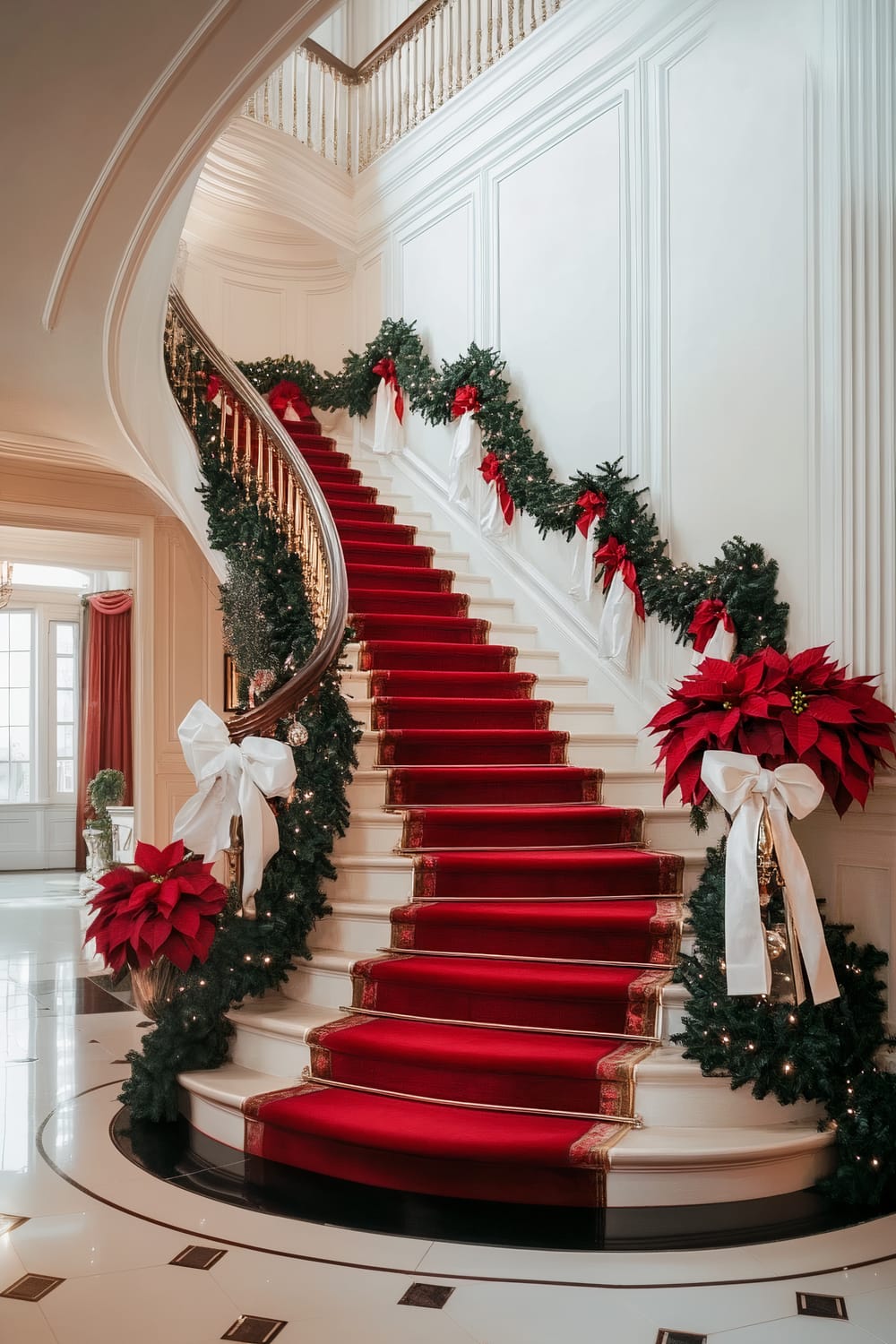 A grand, elegantly curved staircase decorated for the Christmas season. The stairs are covered with a rich red carpet and lined with lush green garlands adorned with red bows and white ribbons. Poinsettia plants with large white bows are placed at the base of the staircase. The walls are painted in a classic white, and the bannister is gold-toned.