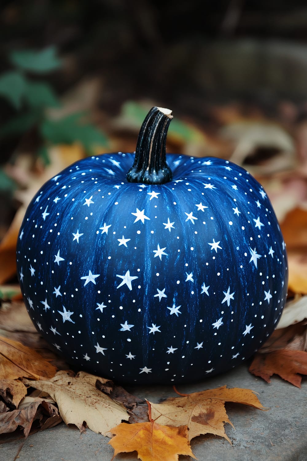 A blue-painted pumpkin with white stars scattered across its surface. The pumpkin is displayed outdoors among fallen autumn leaves.