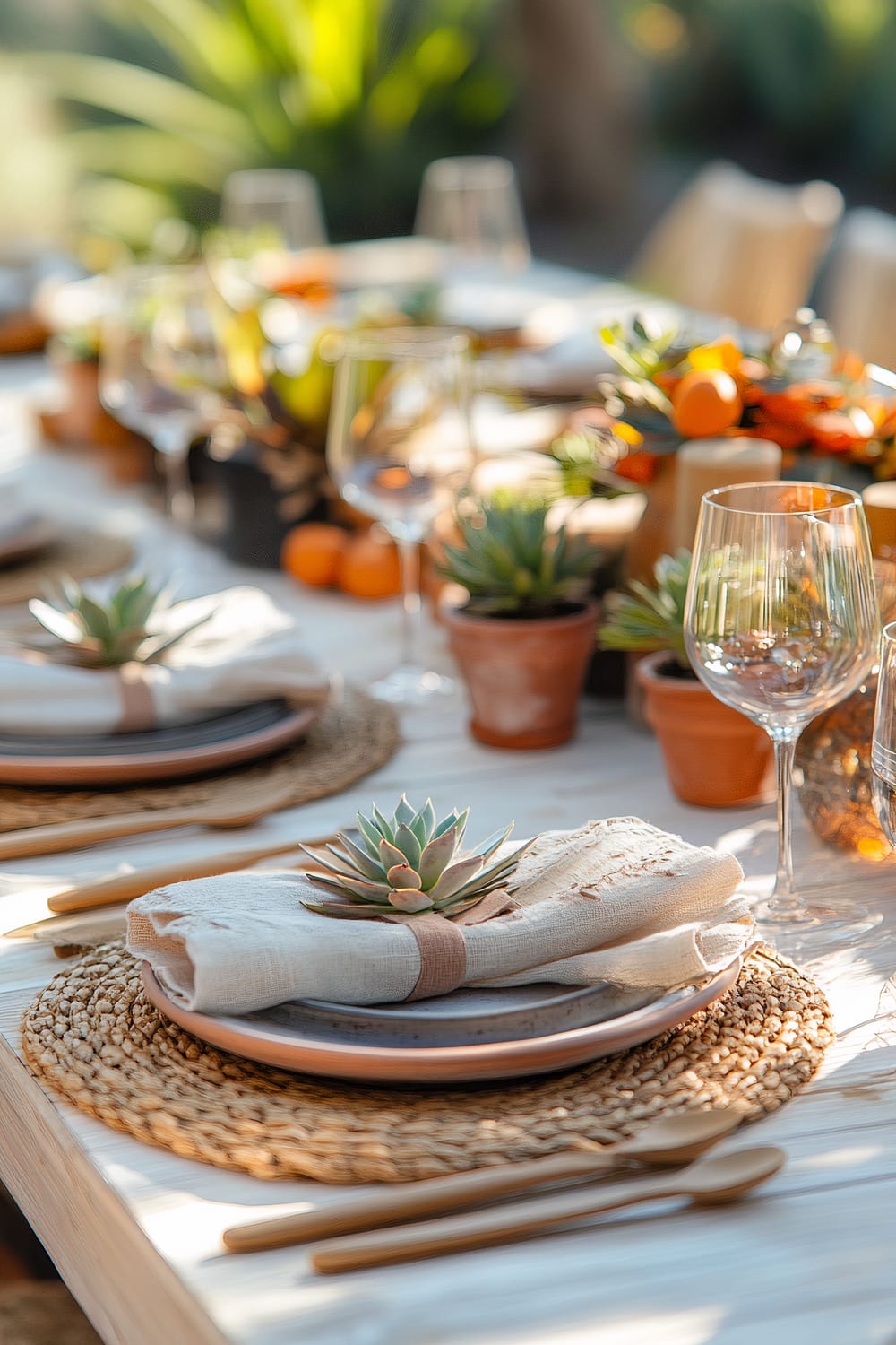 An elegantly set outdoor dining table featuring natural elements. Each place setting includes a woven rattan placemat, ceramic plates with neutral-toned linen napkins adorned with decorative succulents. Wooden utensils are placed neatly beside the plates. The table is decorated with various pots of succulents and small oranges and complemented by clear wine glasses.