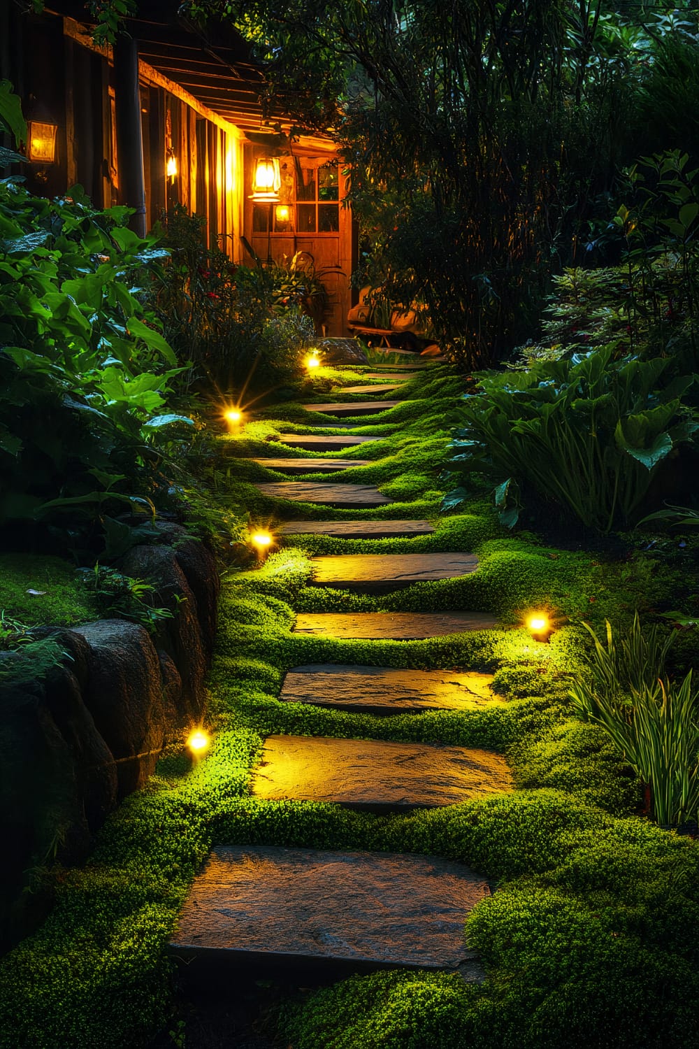 A nighttime garden pathway is elegantly illuminated by soft amber lighting. The path is lined with large stone slabs, surrounded by lush, green ground cover. Tall, vibrant plants create a natural border along the path, leading up to a warmly lit, wooden house entrance adorned with elegant lanterns.