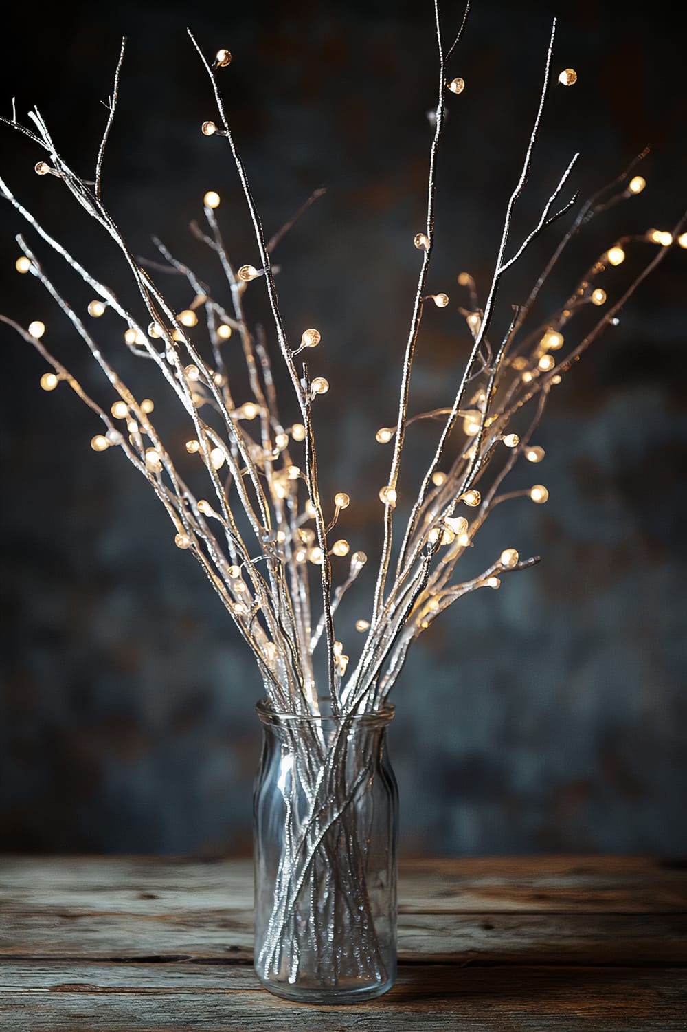 A rustic glass jar filled with bare branches adorned with warm white fairy lights. The jar sits on a wooden surface with a dark, blurred background that highlights the delicate lights on the branches.