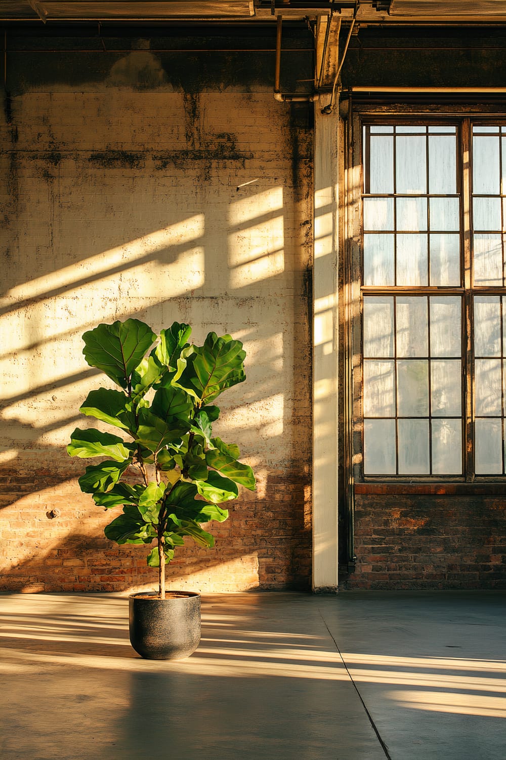 A pole barn loft interior showcasing a large fiddle leaf fig tree in a sleek, dark pot. The space is bathed in natural sunlight from a large industrial-style window, highlighting the vivid green leaves of the plant. The walls are a mix of exposed brick and textured plaster, adding a rustic feel to the clean, uncluttered space.