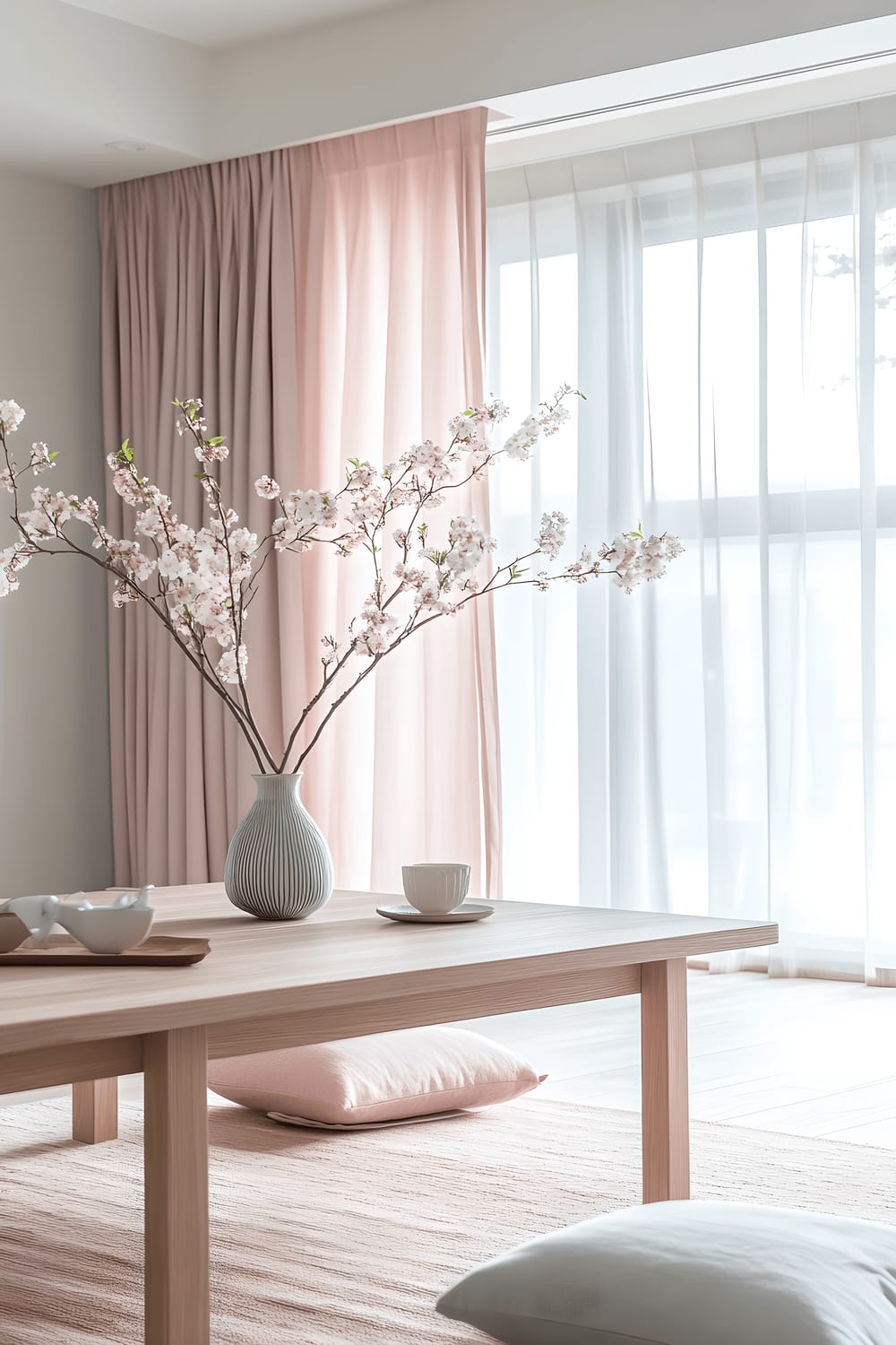 A bright and airy Tokyo apartment decorated in spring theme with pink curtains, cherry blossom branch in a ceramic vase on a minimalist wooden dining table, pastel throw pillows, and a floral area rug. Large windows let in an abundance of natural light.