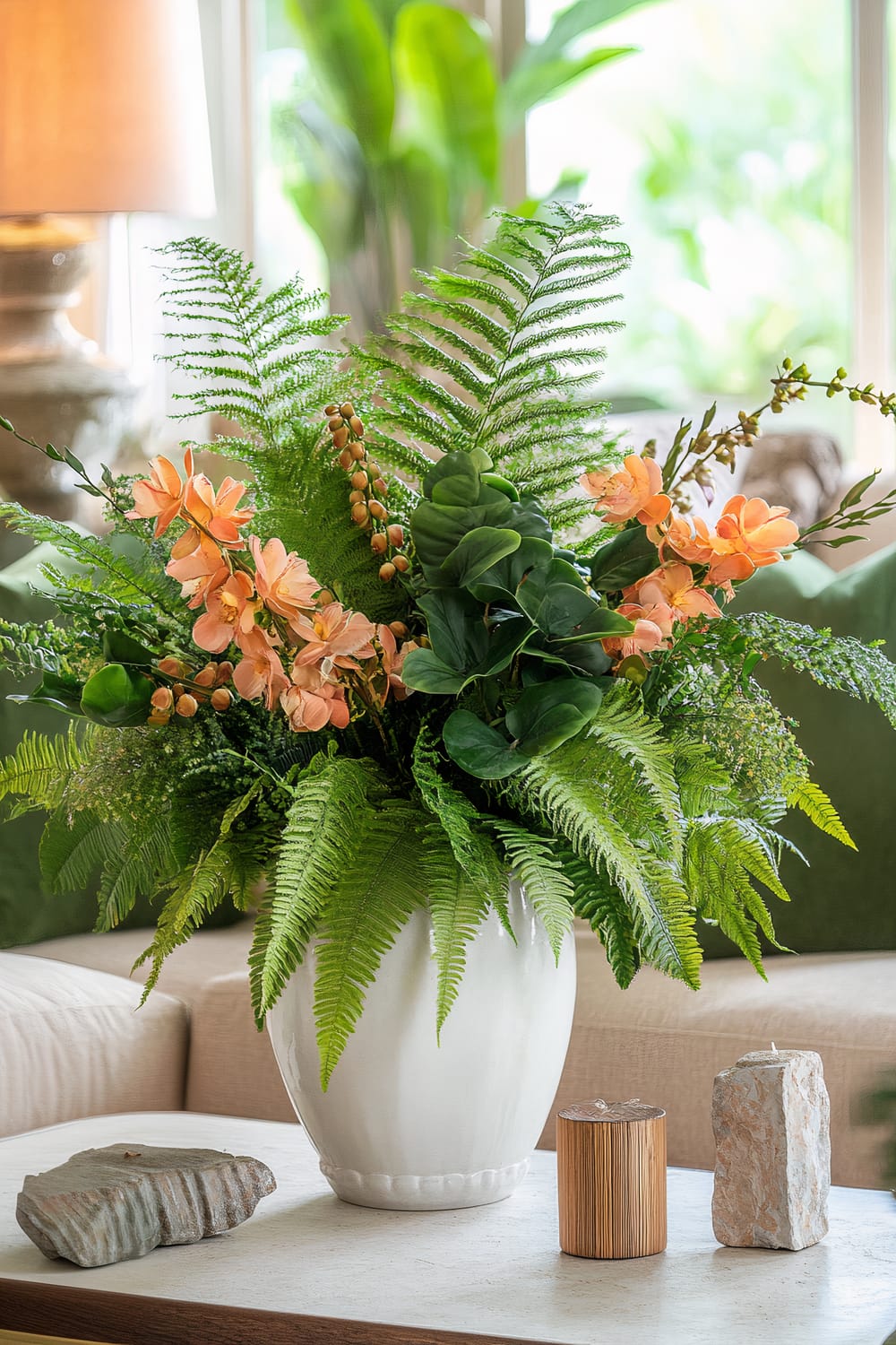 A Thanksgiving coffee table adorned with a large white ceramic vase, overflowing with green ferns and vibrant orchids. The table also features natural stone candle holders and wooden decorative pieces. Surrounding the table, there is a linen sofa with cushions in various shades of green and earthy tones. Ample natural light enhances the fresh, botanical atmosphere.