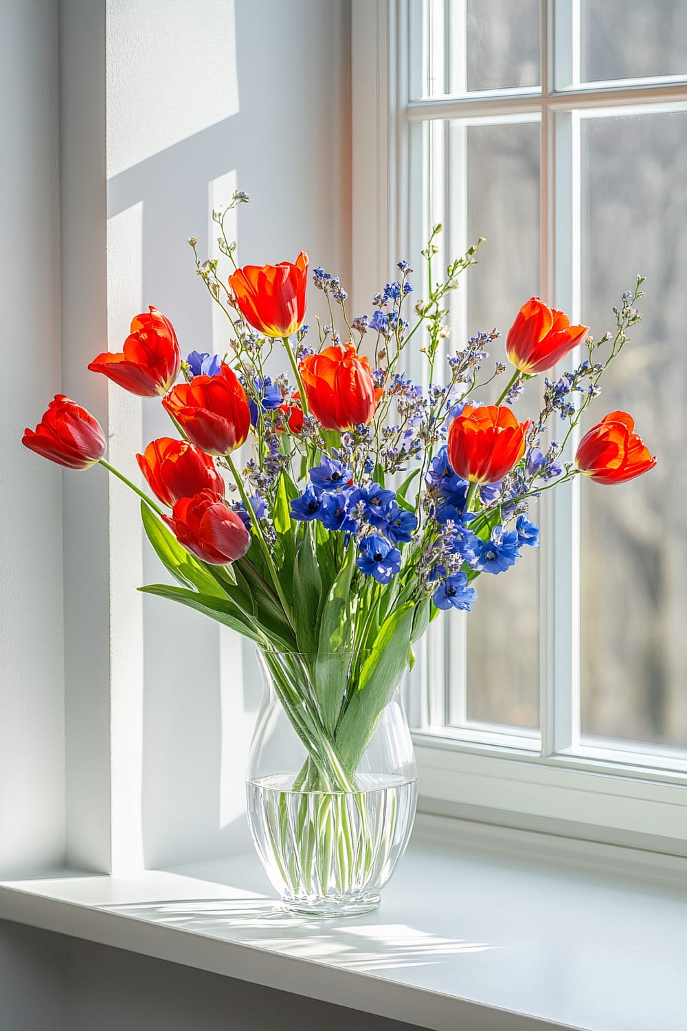 A clear glass vase with water holding a bouquet of red tulips and blue flowers is placed on a white windowsill. Sunlight streams through the window, casting shadows and highlighting the vibrant colors of the flowers against a bright interior background.