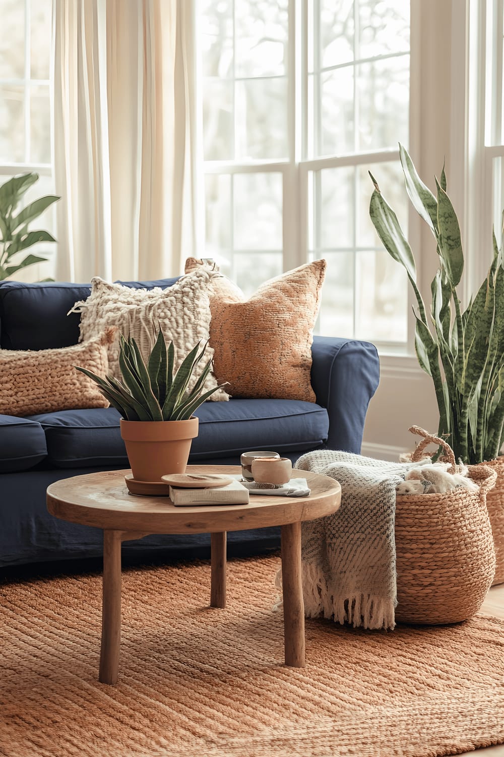 A comfortable living room featuring a navy blue fabric sofa with terracotta and blue throw pillows, two rustic wooden coffee tables, snake plants in terracotta pots, and large windows allowing natural light to filter in. The room's color scheme is highlighted by a terracotta-colored woven rug and small terracotta table lamps. This well-balanced blend of warm and cool tones creates an inviting atmosphere.