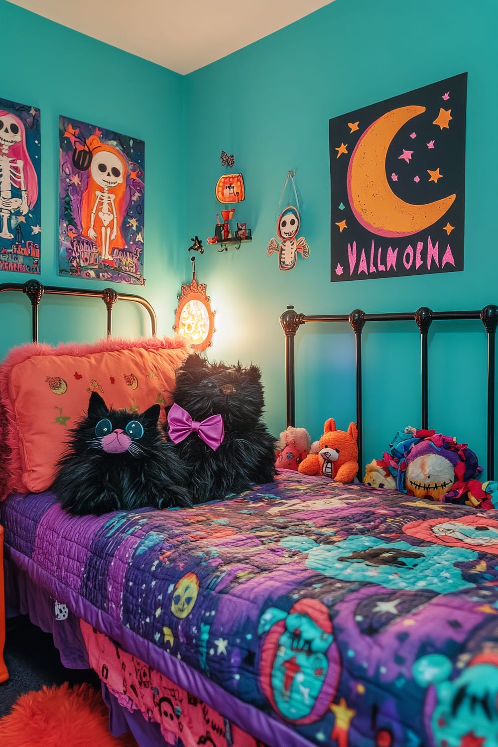 A vibrant and playful children's bedroom featuring bright turquoise walls and a bed with colorful bedding. Decorated with Halloween-themed plush toys, pillows, and wall art, the room includes a black metal bed frame, orange pillow shams, and a purple quilt with various spooky illustrations. The walls are adorned with artwork of skeletons, pumpkins, and a crescent moon. There is a small wall shelf holding a pumpkin-shaped figurine and other decorations.