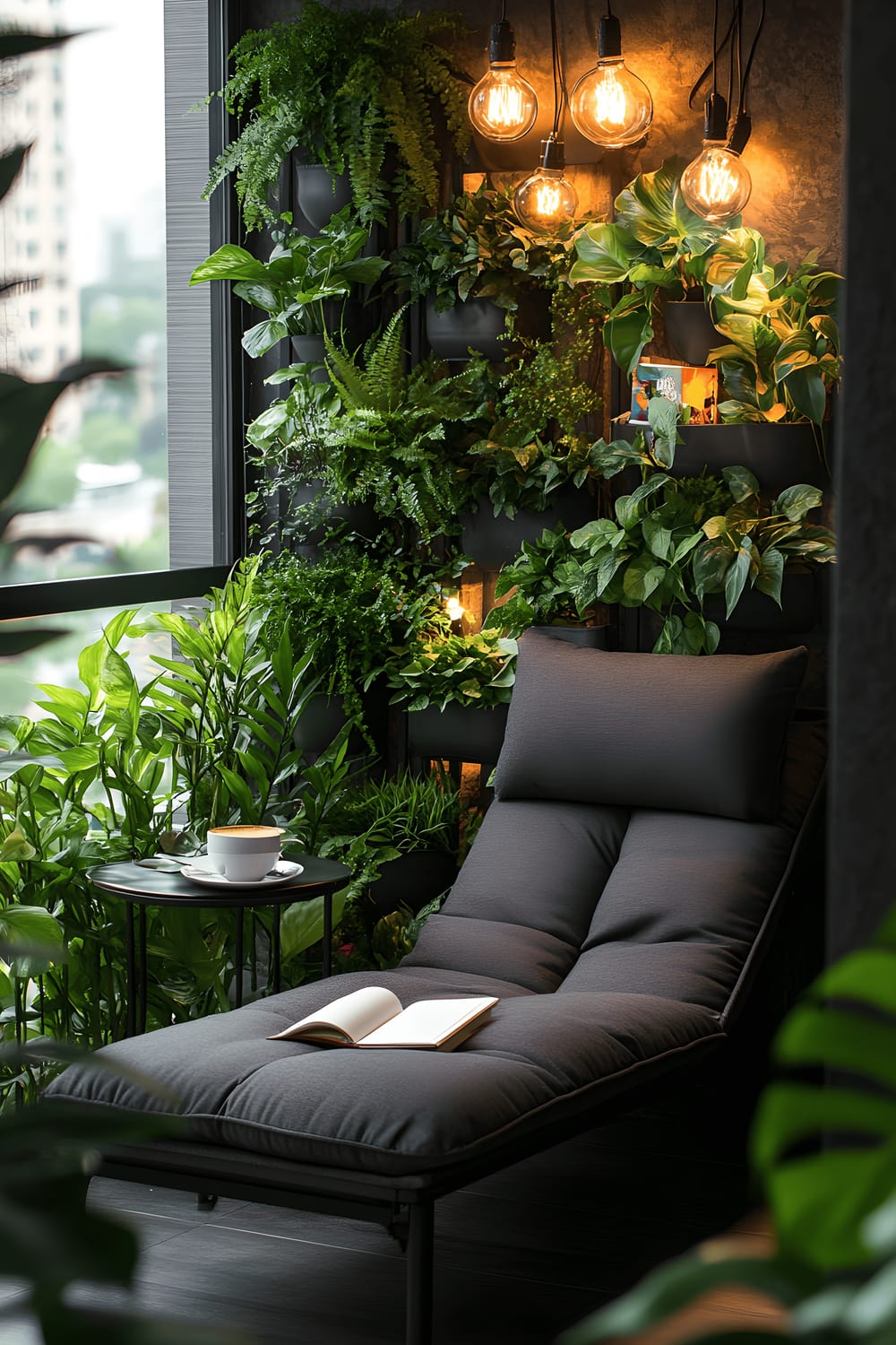 A small urban balcony displays a welcoming relaxation spot featuring a charcoal gray lounger surrounded by luscious green vertical garden panels filled with pothos, ferns, and philodendrons. A compact bistro table next to the lounger holds a latte and an open notebook as if the occupant has just stepped away. An overhead Edison light bulb cluster casts a warm and inviting ambience over the scene.