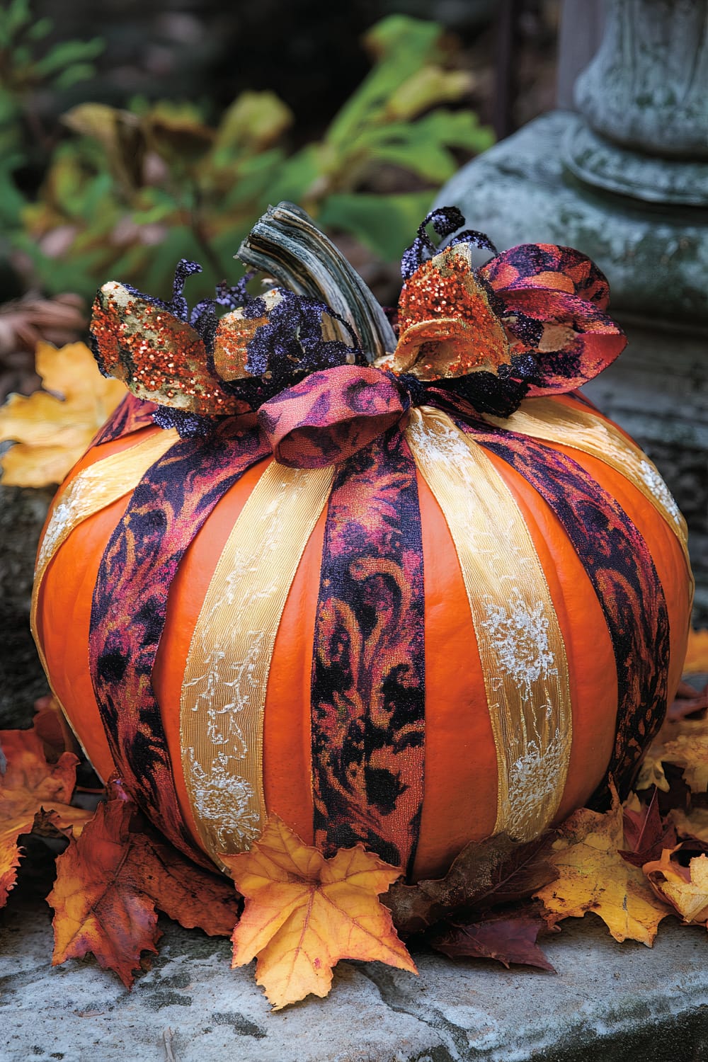 Image of an orange pumpkin adorned with patterned and lace ribbons in gold and purple hues. The pumpkin sits among fallen autumn leaves, with a background of greenery and decorative stonework.