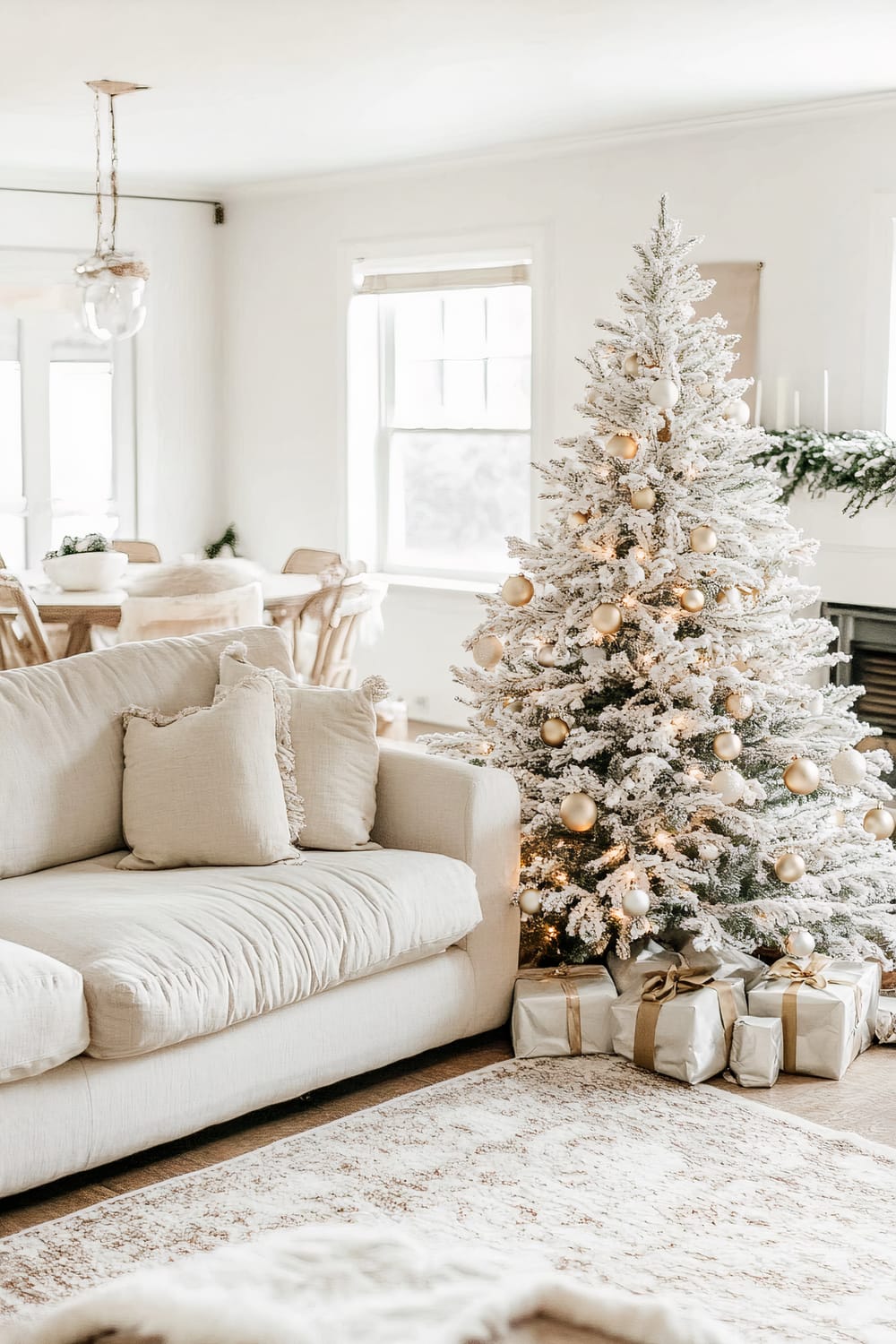 A living room decorated for Christmas featuring a snow-frosted Christmas tree adorned with gold and white ornaments. The tree is to the right of a beige sofa with textured cushions. Underneath the tree are wrapped gifts with gold ribbons. The room has a neutral color palette with a light wood dining set in the background and natural light streaming through the windows. Greenery garland decorates a mantle to the right of the tree.