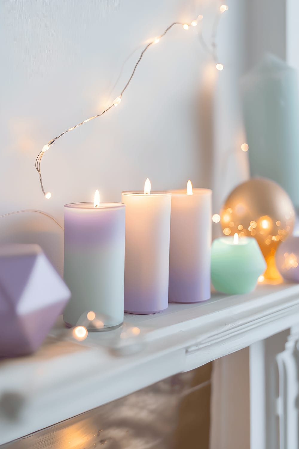 A modern, white fireplace mantel tastefully decorated with pastel-colored ornaments and metallic accents. The decorations include candles in shades of lavender, mint and blush, as well as metallic gold and silver pieces like geometric shapes, small vases and minimalist sculptures. Twinkling fairy lights are also draped across the mantel, casting a soft and magical illumination on the decorations. The overall scene is elegant and festive, portraying a perfect Valentine's Day decor.