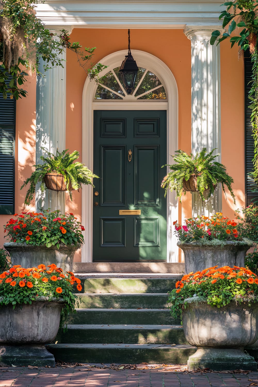 A beautiful entrance featuring a dark green door with decorative molding, located within an arched, peach-colored wall flanked by classic white columns. The entrance steps are adorned with large stone planters filled with vibrant orange flowers and lush ferns, creating an inviting and picturesque facade.