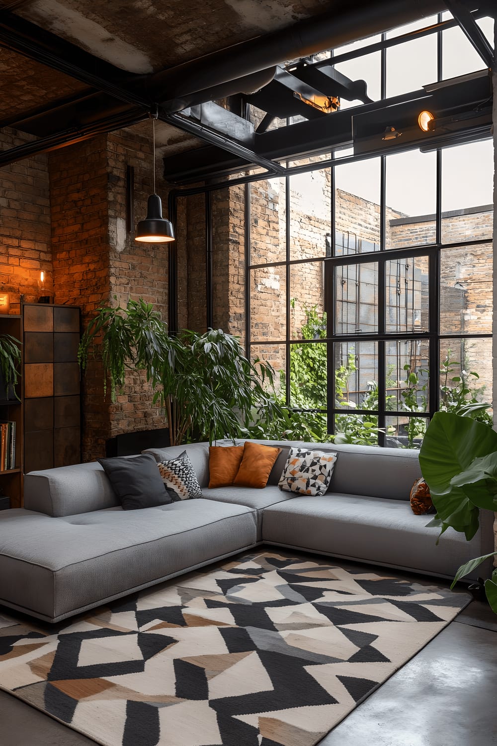 A spacious loft in Shoreditch with an urban-industrial decor style. Large floor-to-ceiling windows fill the room with natural light. Against the exposed brick wall is a sleek grey sectional sofa resting on a geometric patterned rug. Above the sitting area, large industrial pendant lights hang from the black metal beams of the ceiling. Subtle touches of greenery from indoor plants bring a touch of nature into the minimalist decor.