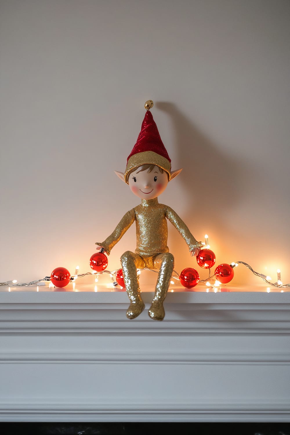 A gold elf figurine in a sparkly outfit sits on a white mantel, holding a string of red fairy lights. The background is light gray, highlighted by soft ambient lighting. The elf wears a red hat with a gold trim and a tiny bell on top.