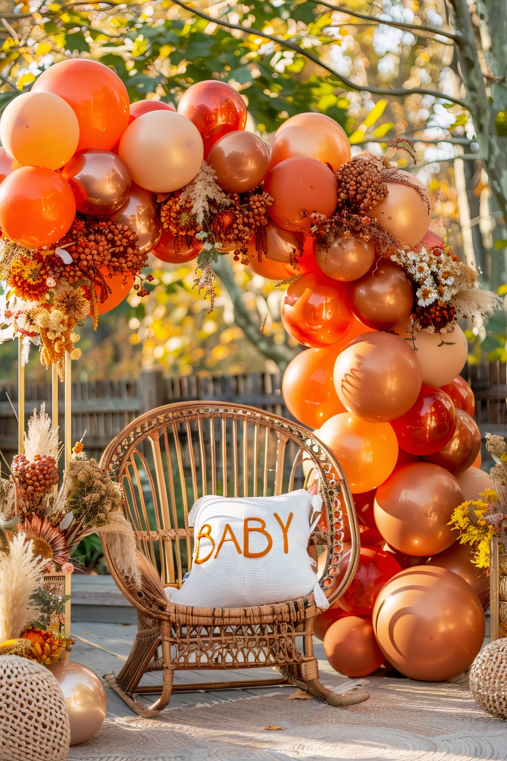 A rattan chair with a white pillow with the word "BABY" in orange sits under an arch of balloons in shades of orange and gold. The arch is adorned with dried flowers and foliage. Surrounding the chair are autumn-themed decorations like pumpkins, dried flowers, and a beige knitted pouf. The background includes a wooden fence and trees with green and yellow leaves, suggesting an outdoor setting during fall.