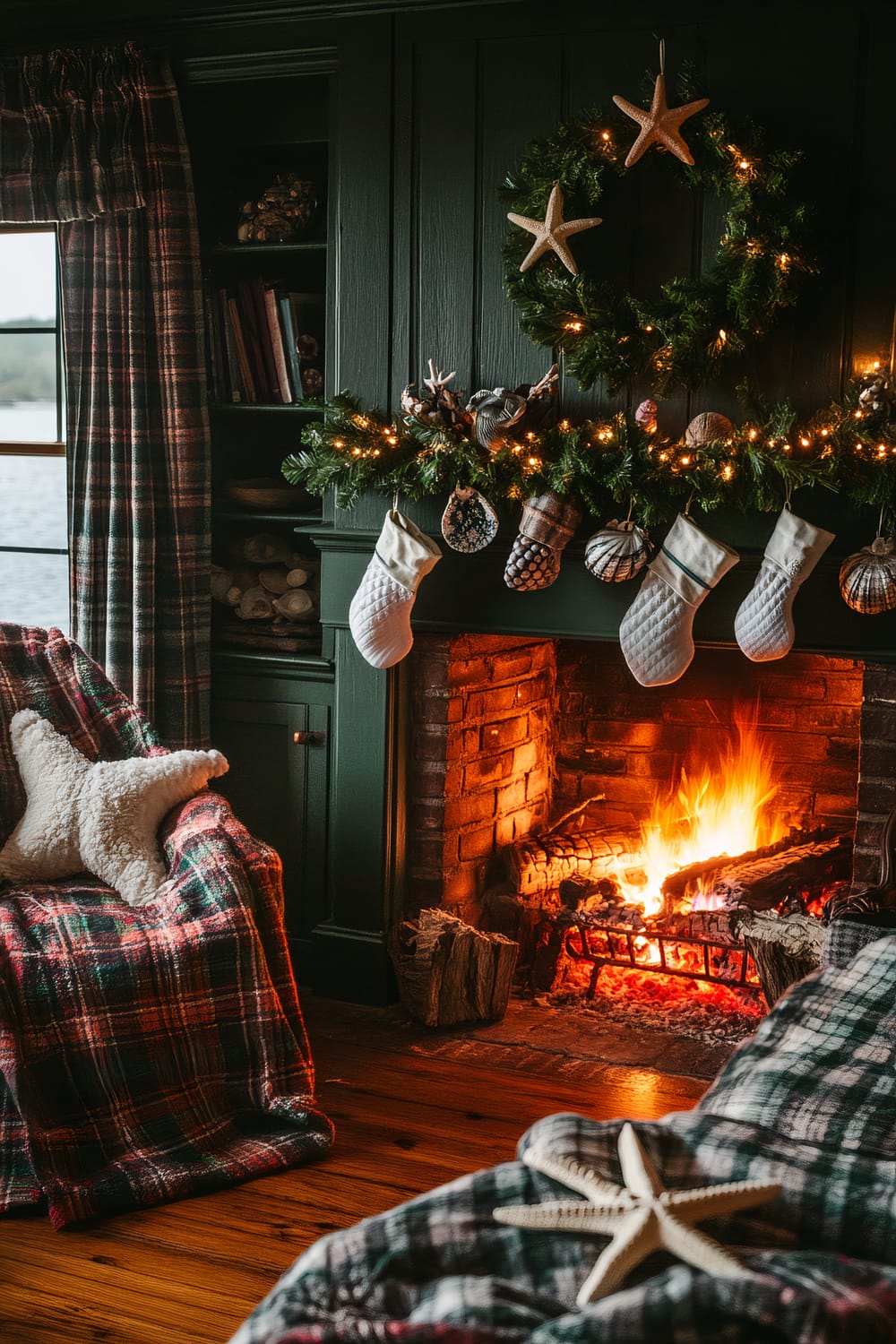 An interior living room scene showcasing a warm and inviting fireplace adorned for the holiday season. Stockings hang from a mantel decorated with greenery, twinkling lights, and seashells. The room features dark green wood paneling, a built-in bookshelf holding firewood and books, and is complemented by plaid patterned curtains and blankets. The fire crackles, casting a cozy glow across the room, highlighting the wooden floors and a chair draped with a plaid blanket and a plush starfish pillow.