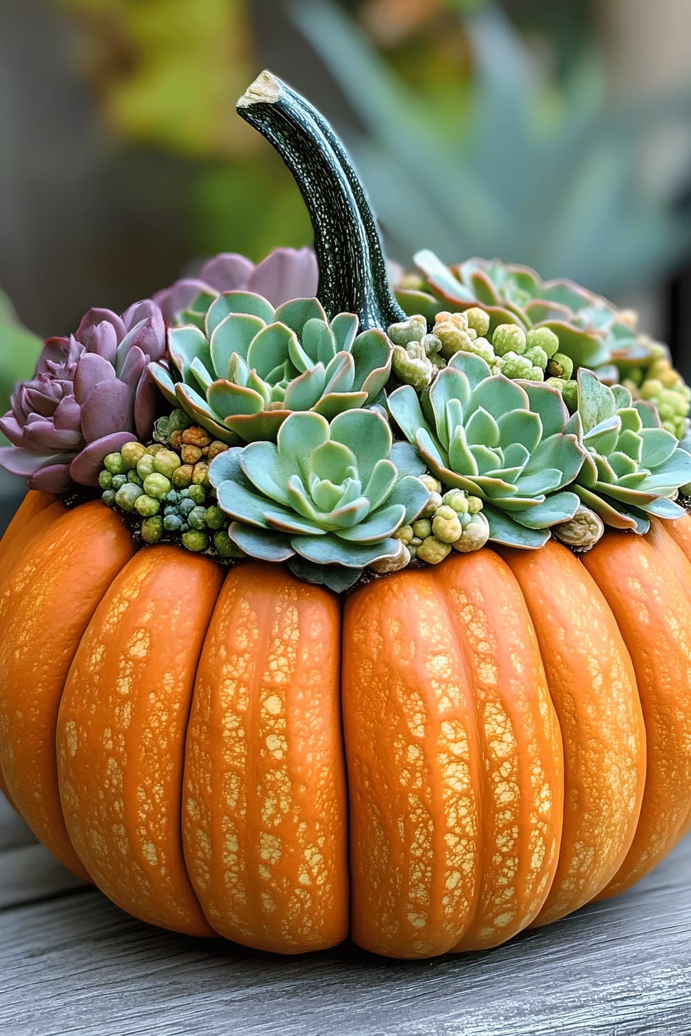 A pumpkin-shaped metal container holding a lush arrangement of various succulents. The succulents within are a beautiful blend of rounded echeveria, trailing string-of-pearls, and the sharp, linear forms of aloe. The whole clusters around a center piece with a coral bloom. The gleaming coppery pumpkin sits on a weathered wooden surface against an indistinct blue-grey background.