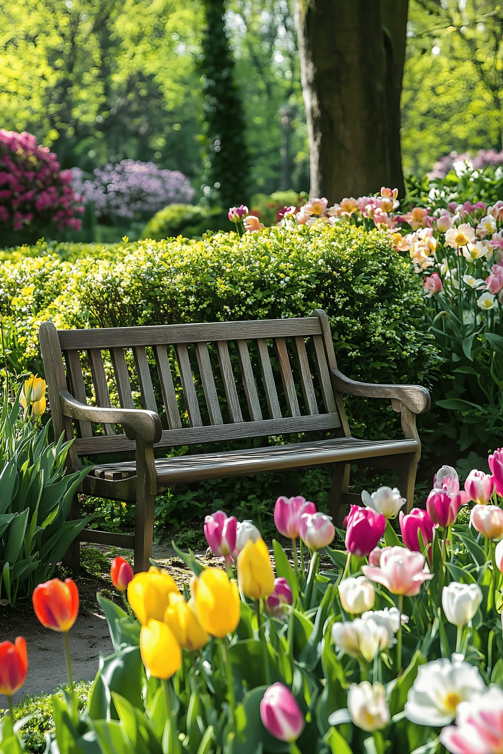 The image depicts a serene garden setting, dominated by a rustic wooden bench situated amongst a colourful floral display. Various species of spring flowers including tulips, daffodils, and peonies create a vibrant foreground. Tall, lush green hedges, and a variety of trees laden with blossoms create the backdrop, suggesting a private, enclosed garden space. The scene is bathed in bright daylight, enhancing the vibrancy of the flora and the warm tone of the wooden bench.