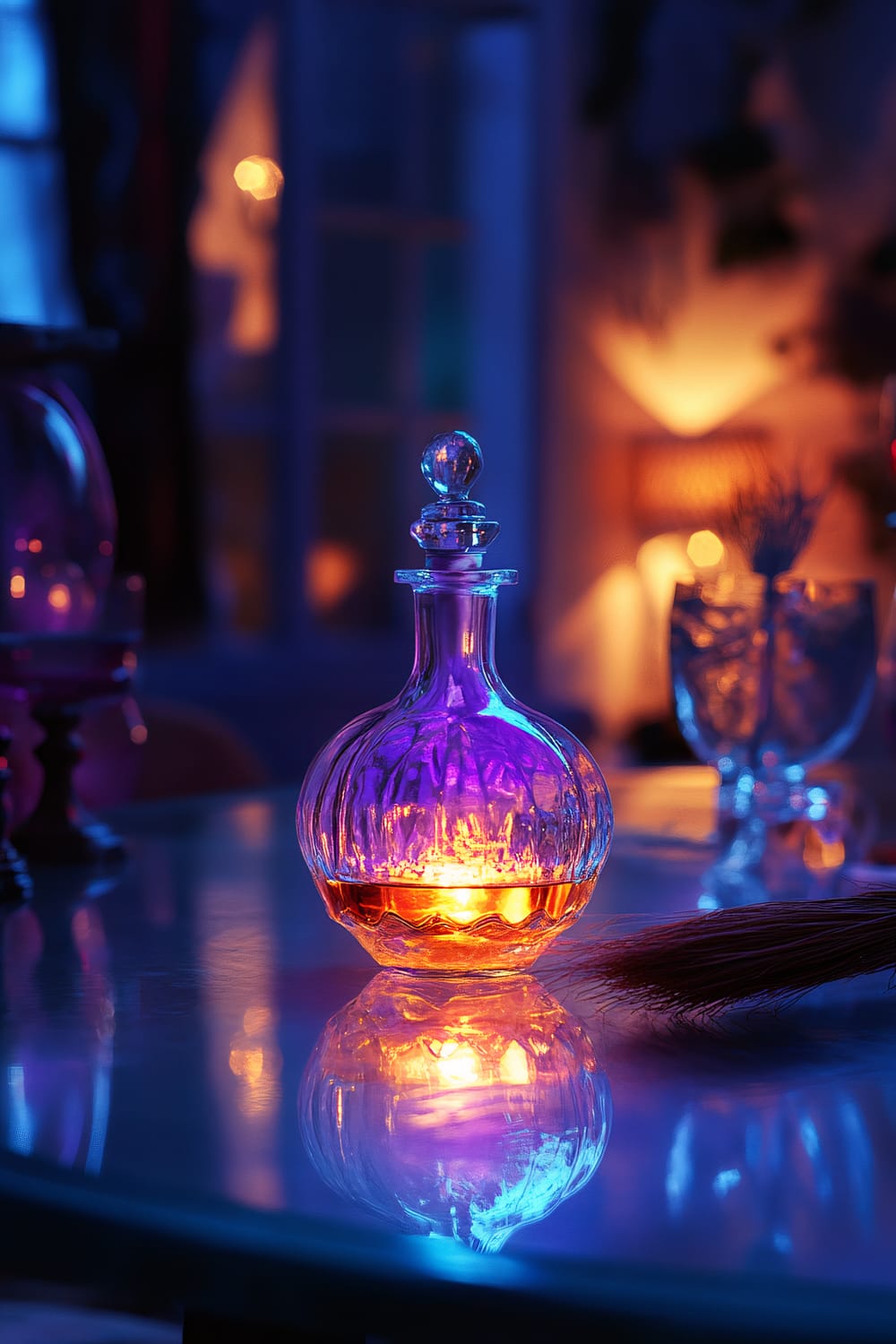 A glowing potion bottle with an ornate design sits at the center of a glass dining table. The bottle emits a mystical light, illuminating its surroundings with a soft glow. Reflections from nearby mirrors enhance the ethereal ambiance. An elegant witch’s broom lies beside the bottle, and the setting is bathed in eerie, ambient lighting, contributing to the mystical atmosphere.