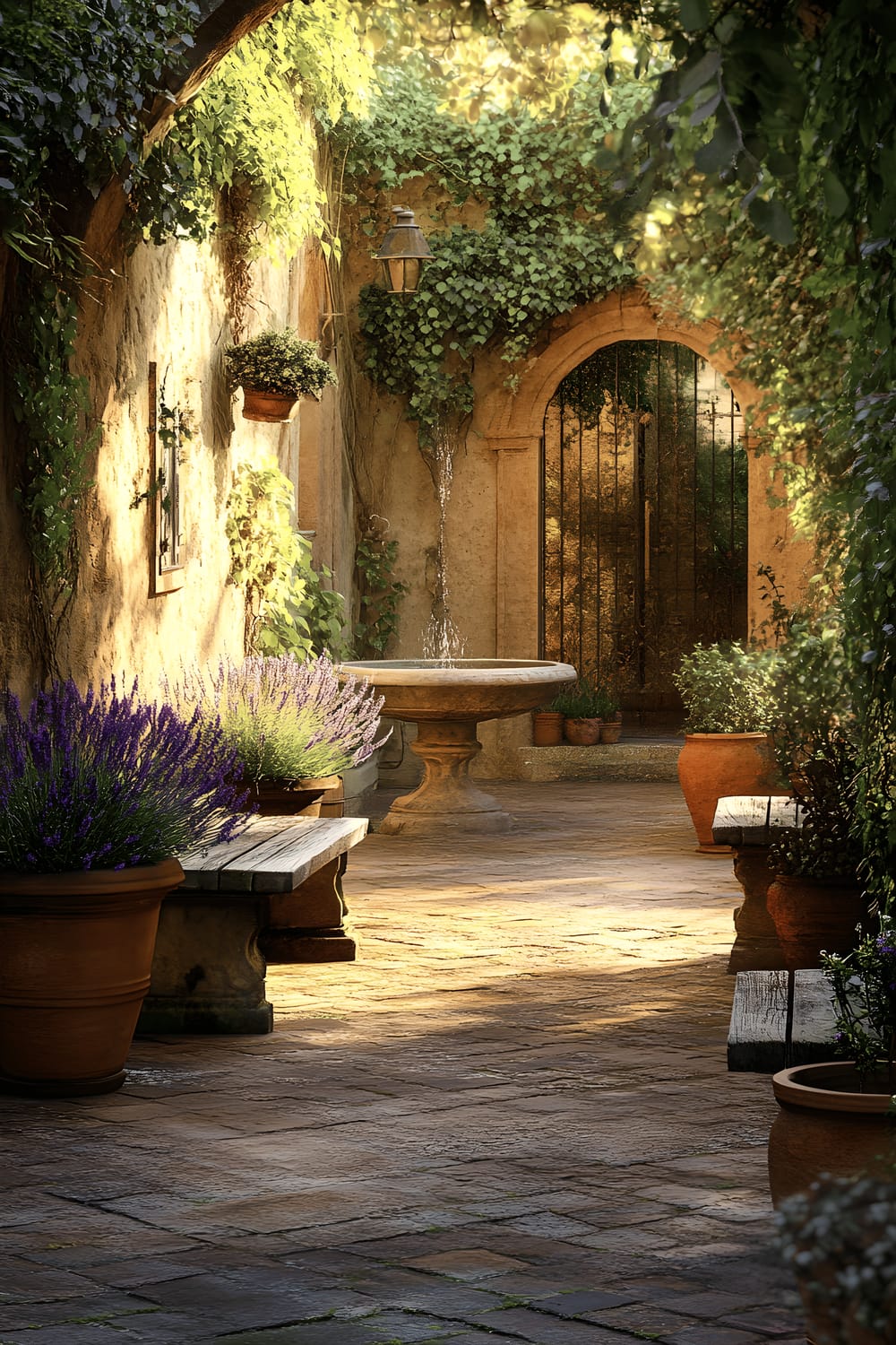 A beautiful romantic European courtyard with elements of old rustic charm. Central to the picture is an aged moss-covered stone fountain with soft water bubbling from it. Surrounding the fountain are weathered stone benches, giving a rustic, antique feel. The walls are covered with ivy, tumbling down in a dense, green spread. Large terracotta pots housing lavender and rosemary are poised around the courtyard, adding a touch of colour and fragrance to the scene. Golden late afternoon sunlight filters through ancient archways, casting the courtyard in a warm, inviting light.