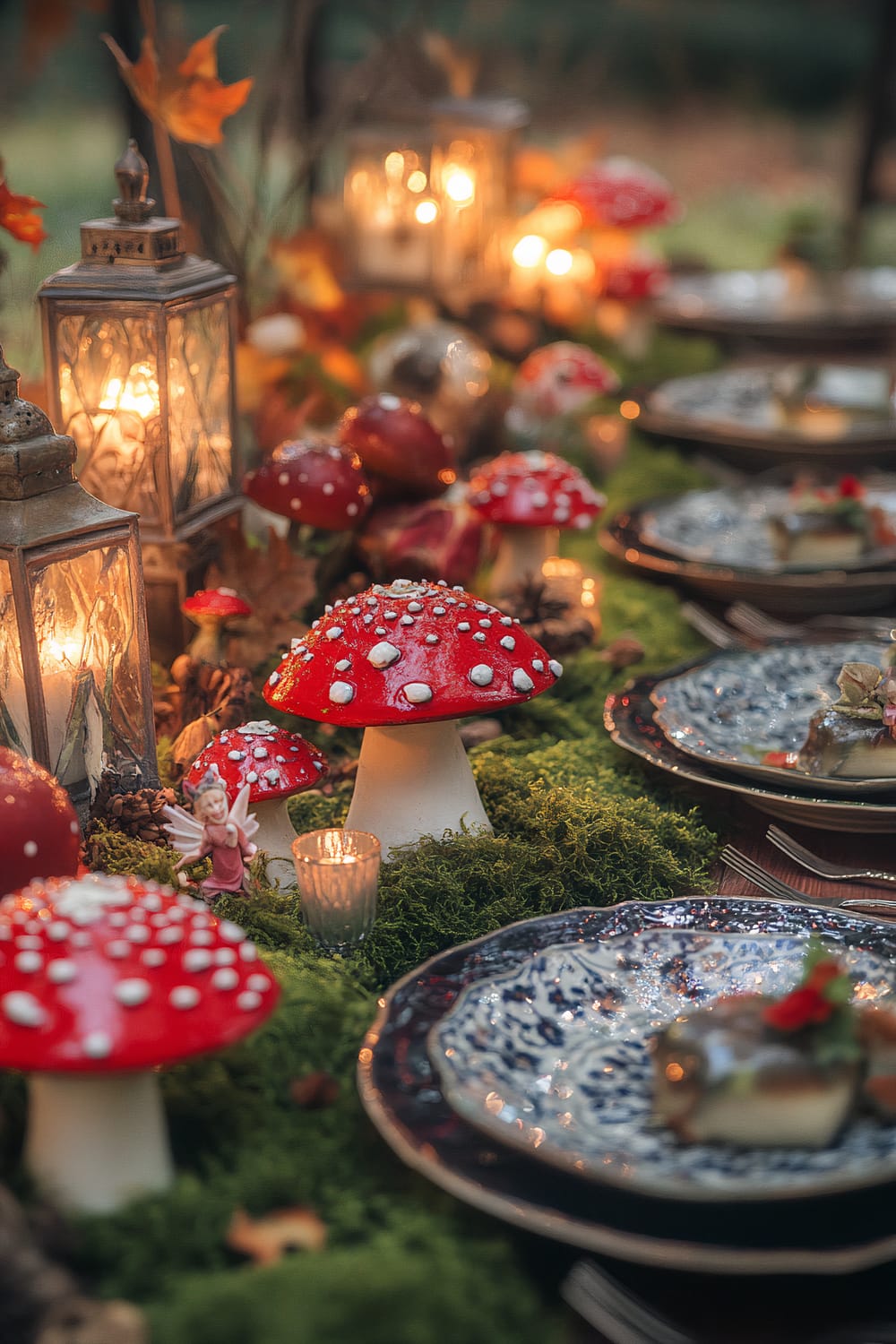 A beautifully decorated dinner table set in an outdoor forest environment is shown. The table features red and white artificial mushrooms resembling Amanita muscaria, moss, miniature fairy figurines, and antique-styled lanterns that provide warm, glowing light. Each place setting includes ornate blue and white patterned plates with silver cutlery. The table is adorned with small candle votives adding a magical ambiance. The overall setting exudes an enchanting, fairy-tale-like atmosphere.