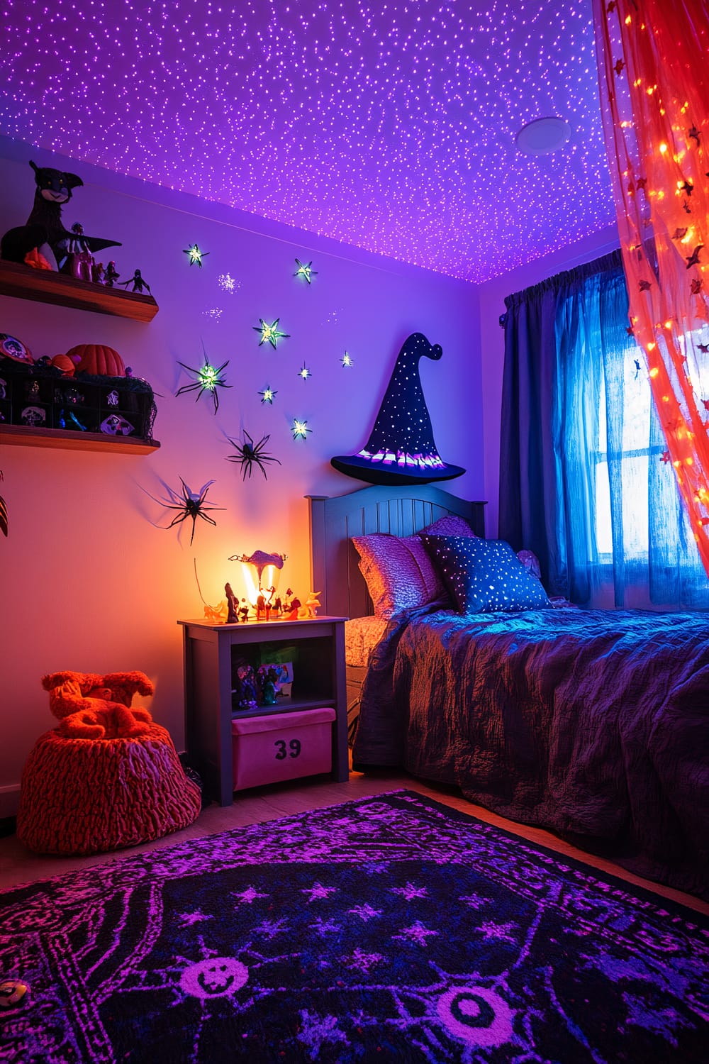 A magical-themed bedroom with vibrant purple lighting is depicted. The ceiling is adorned with numerous small lights resembling stars in the night sky. A prominent black witch hat decorates the wall above the bed, which is covered with a grey quilt and matching pillows that have a starry design. Glowing star and spider decorations are affixed to the wall. The room has warm orange lighting near a nightstand on the left side, which holds small figurines and a lamp. The nightstand has a drawer labeled "39" and other small items stored underneath. To the left is a fuzzy orange stool, and floating shelves hold additional Halloween-themed decorations, including pumpkins and character figures. The window is covered with thick blue curtains, and orange string lights hang across it. A richly patterned rug with a mystical design covers the floor.