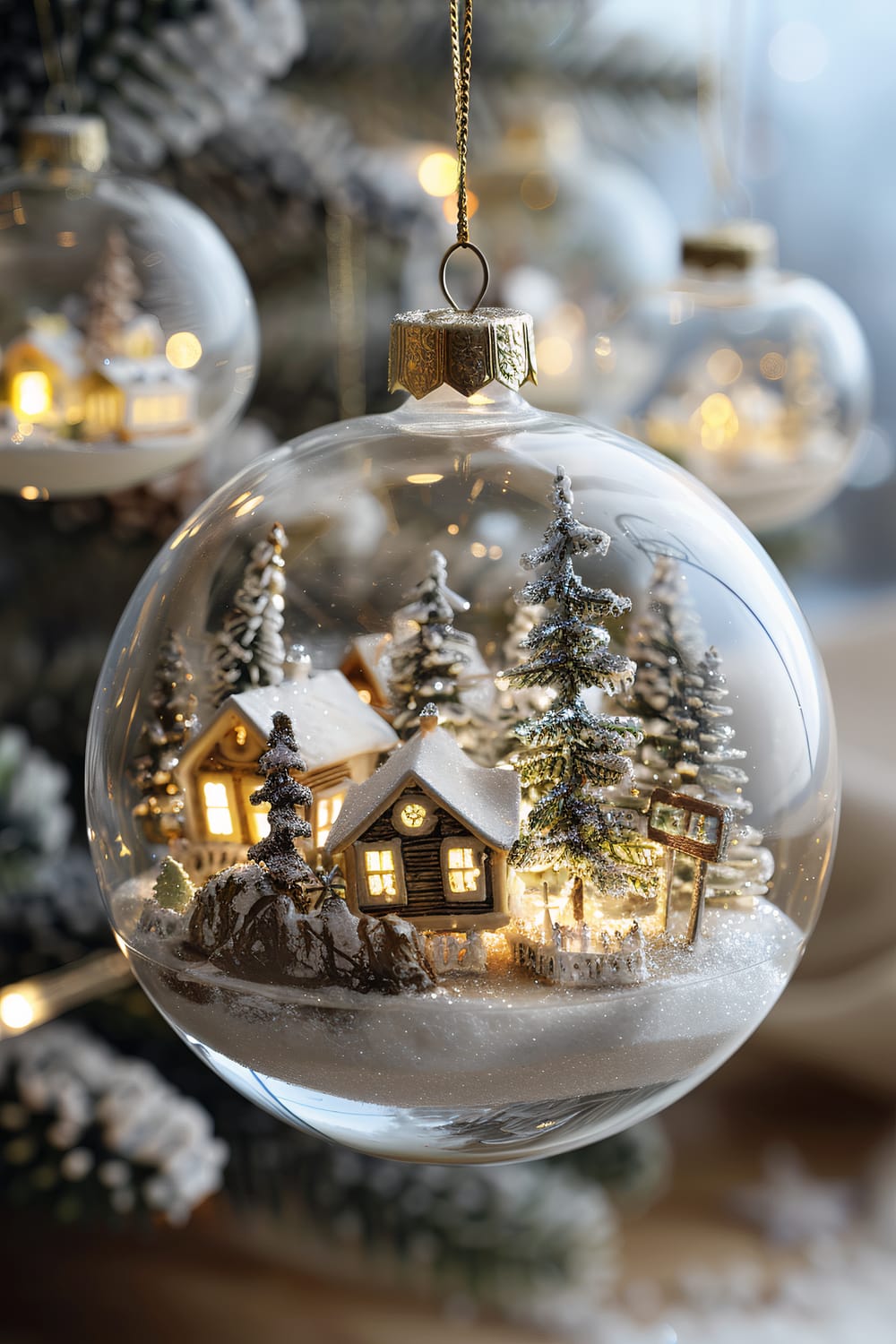 A close-up of an intricately designed Christmas ornament featuring a miniature snow-covered village scene inside a clear glass bauble. The village includes small wooden houses with illuminated windows, surrounded by frosted trees and snow-covered ground. The glass bauble hangs from a decorated brass cap with a delicate chain. In the blurred background, other similar baubles can be seen, adding to the festive atmosphere.