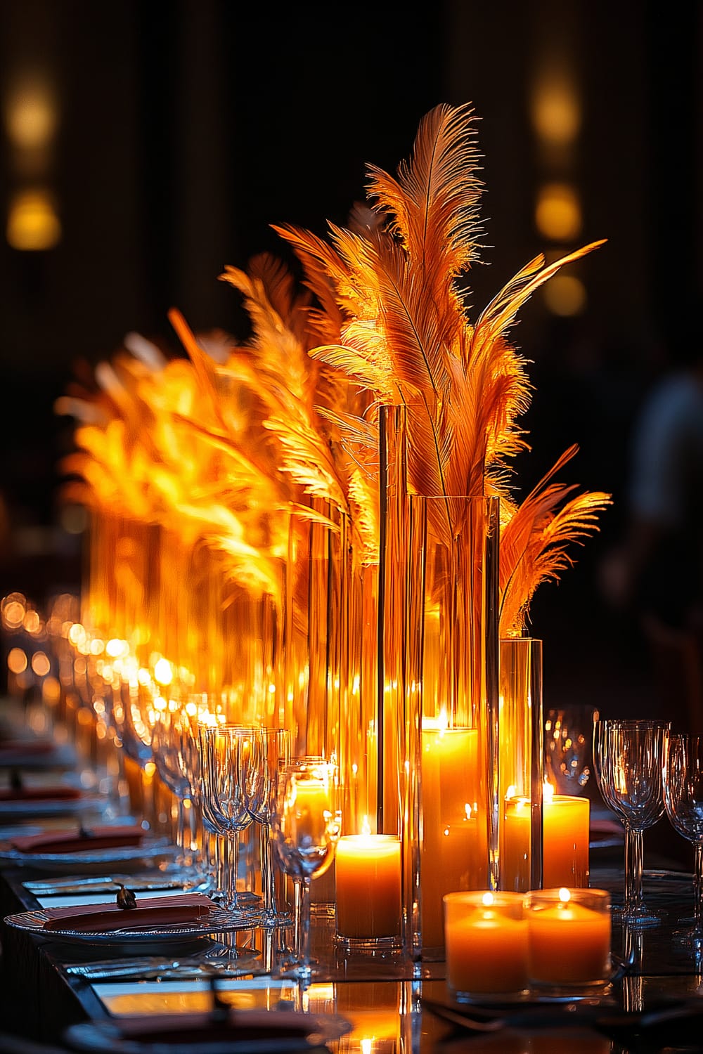 Tall, slender candles arranged vertically with interspersed autumn-colored feathers placed on a mirrored base, creating a graceful and towering centerpiece. The ambient lighting accentuates the warm glow of the candles, contrasting with the surrounding darkness. The arrangement is set on a dining table with crystal glassware and neatly set plates.