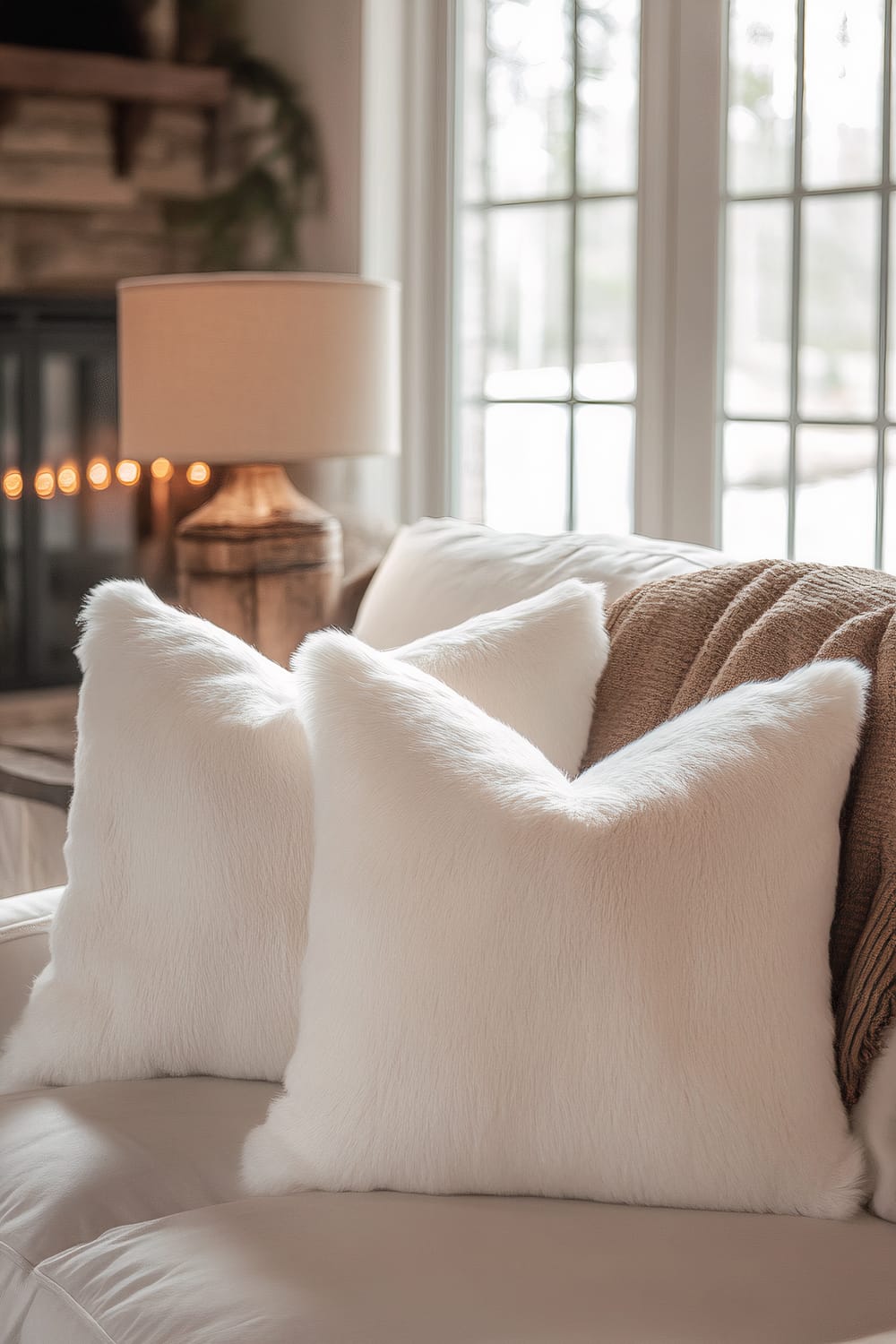 A pair of plush white faux fur throw pillows sit prominently on a light-colored farmhouse-style sofa. The pillows are accompanied by a textured brown throw blanket. Behind the sofa, there is a rustic wooden lamp with a beige shade, providing warm ambient lighting. The scene is set in front of large, grid-patterned windows that allow natural light to pour in.