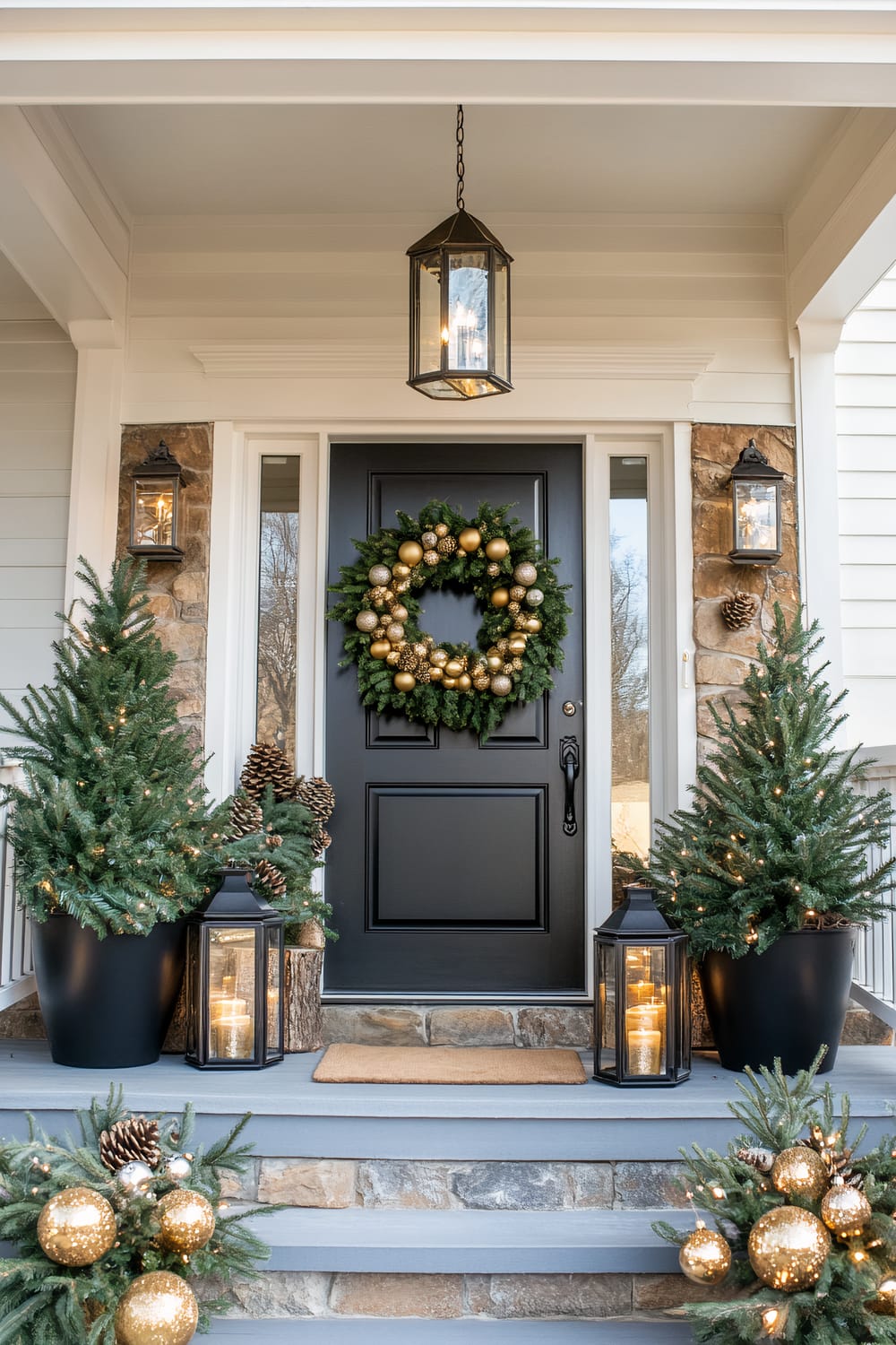 A festive Christmas front porch with a black front door adorned with a gold wreath. The doorway is framed with garland decorated with gold and silver ornaments. Tall potted evergreen trees are placed on either side of the door, and two black planters with fresh greenery and pinecones are in front. Two large lanterns with candles are on the porch steps. The porch features white siding, stone columns, and a traditional hanging lantern overhead.