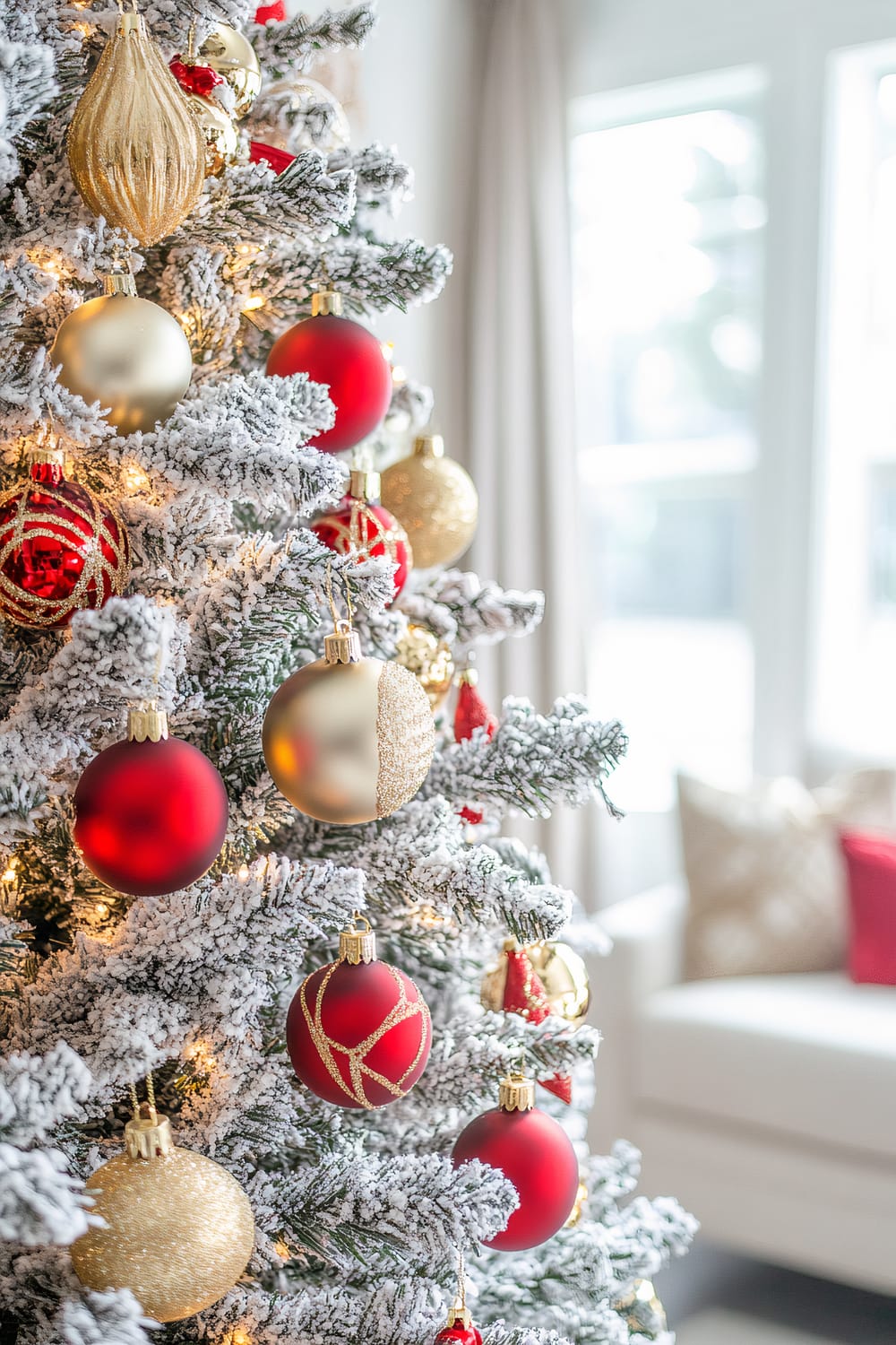 A close-up view of a decorated Christmas tree with branches covered in artificial snow. The tree is adorned with various ornaments, primarily in red and gold, including shiny and matte baubles, as well as glittering designs. In the background, a sunlit living room with a white couch and red throw pillow is visible, creating a festive ambiance.