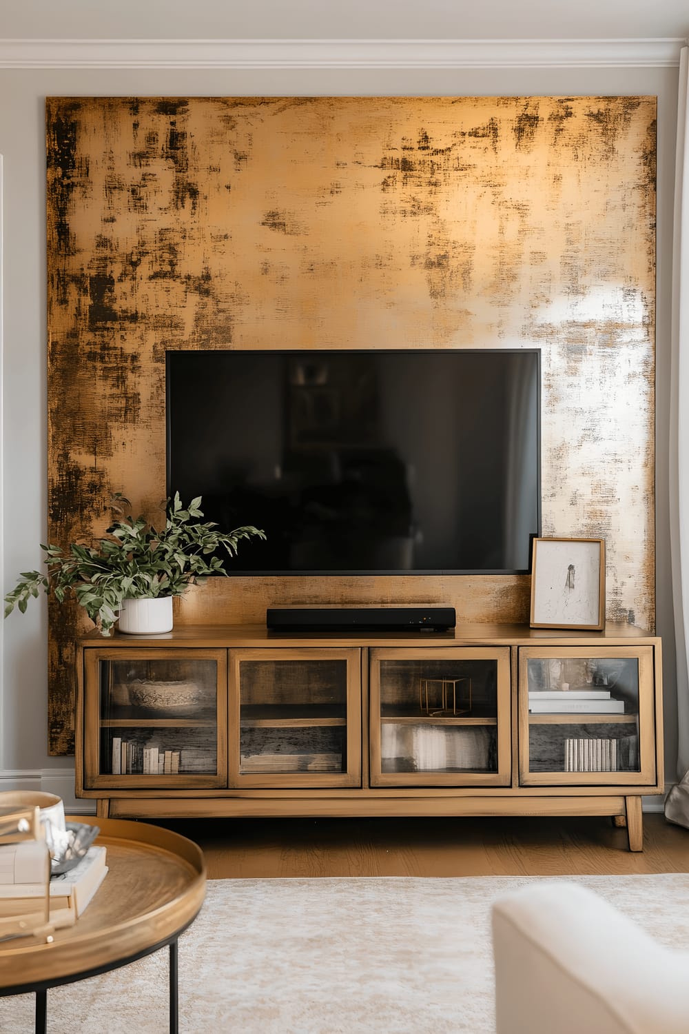 A well-lit room featuring a wall adorned with a large flat screen television, surrounded by an arrangement of decorative pieces such as metallic picture frames, artwork, and floating shelves with various accents. The wall color is a soft grey and the decorative accents are in subtle metallic hues including brushed gold, rose gold, and silver. A low and sleek wooden TV stand completes the setup.