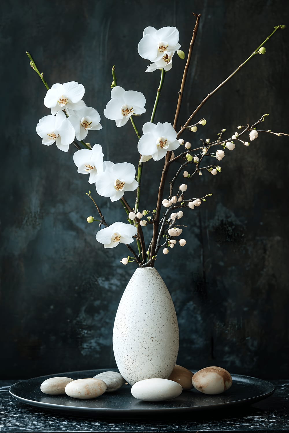 An Ikebana-inspired centerpiece featuring a minimalist arrangement of white orchids, cherry blossom branches, and delicate greenery in an elongated ceramic vase. The vase is placed on a sleek black lacquer plate with subtle gold accents, and is surrounded by smooth river stones and small bamboo shoots. The ambiance of the room is serene and harmonious, embodying the aesthetics of traditional Japanese culture.