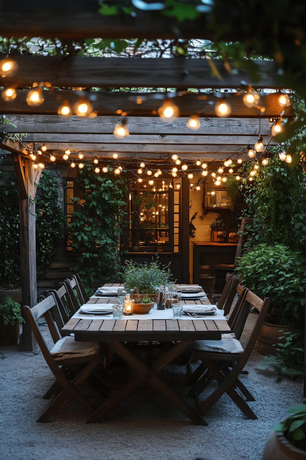 A beautiful outdoor dining setting under a wooden pergola adorned with blooming jasmine vines. Rustic wooden table is set with linen napkins and an arrangement of fresh garden herbs. Above the table, warm Edison string lights strung across the beams provide a soft, inviting glow. The setting radiates a romantic, summer evening ambiance.