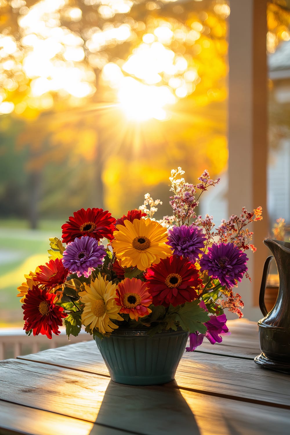 A bouquet of colorful flowers in a turquoise vase sits on a wooden table. The background features a sun-drenched outdoor setting with golden light filtering through trees.