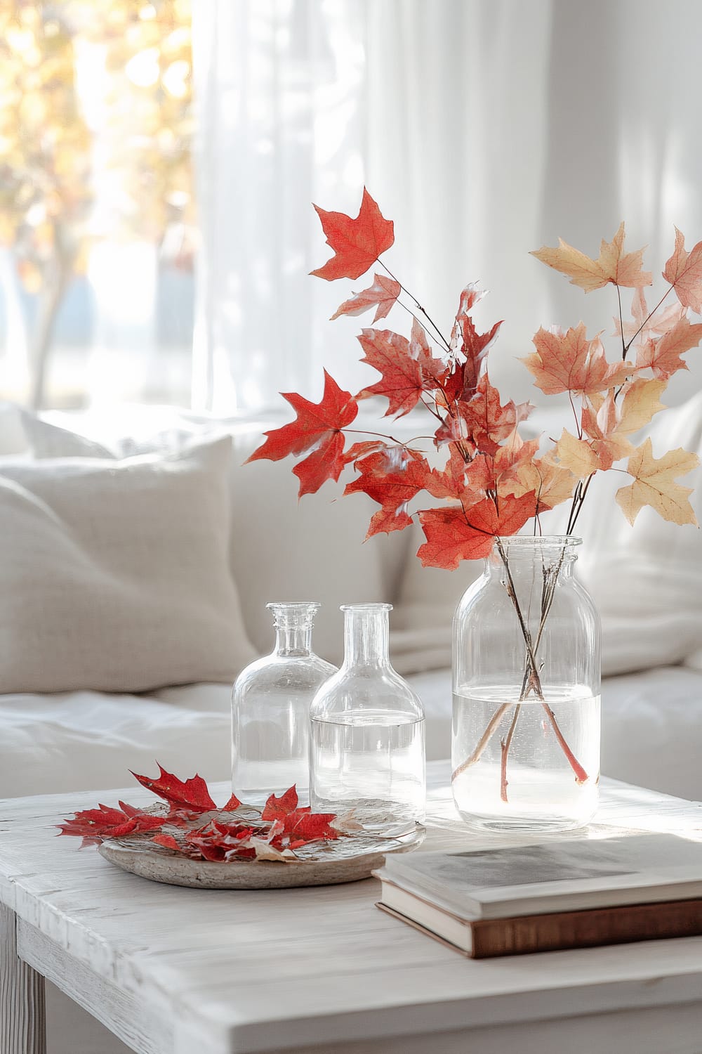 A tastefully arranged coffee table in an all-white interior space. Transparent glass vases on the table hold red and yellow autumn leaves. Natural light streams in through sheer curtains, casting a serene glow over the scene. There is a plate with red leaves and a couple of books on the table.