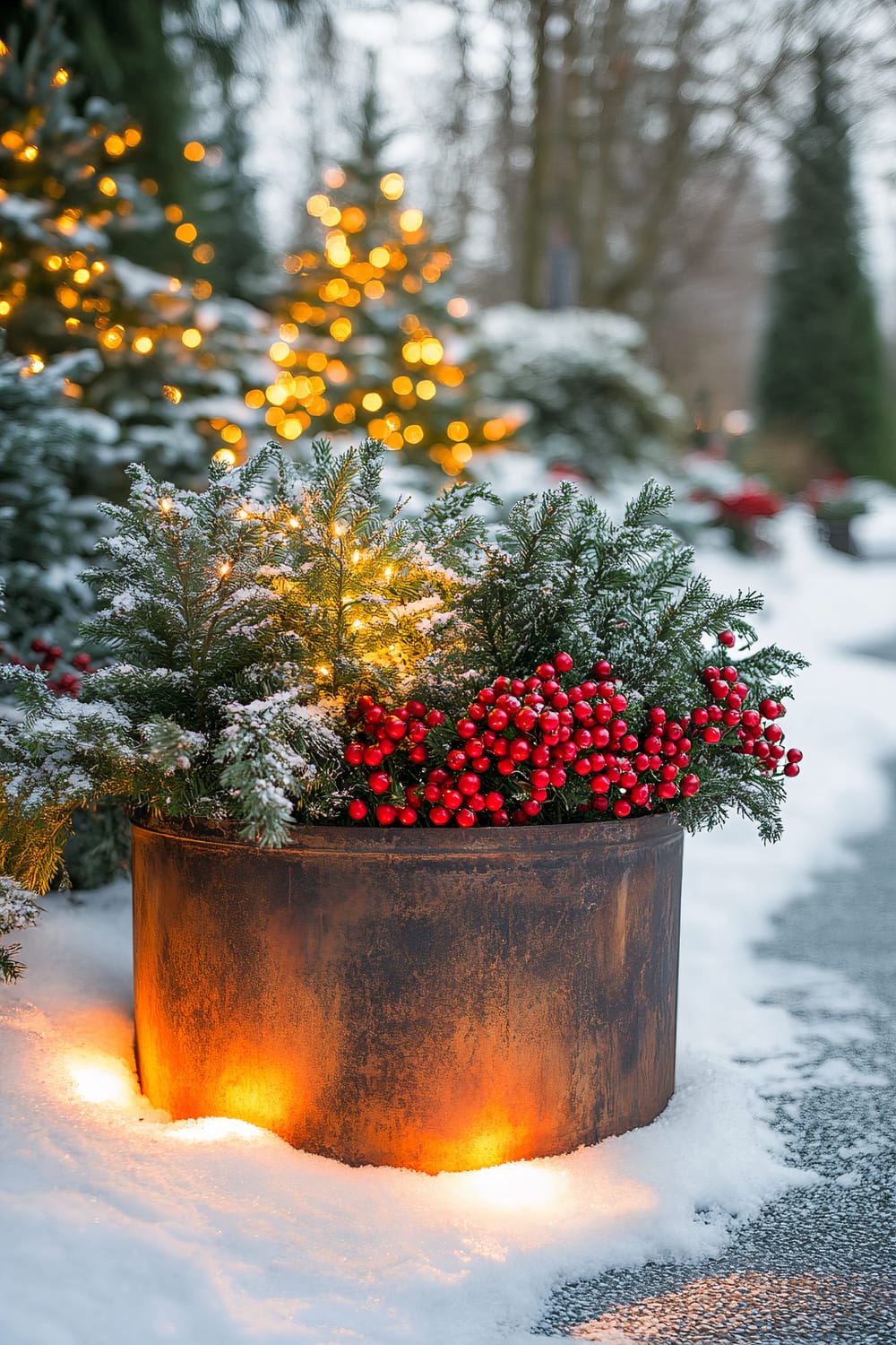 A rustic, distressed metal planter filled with dense Arborvitae shrubs and bright red cranberries on a snow-covered gravel path. The arrangement is illuminated by warm orange outdoor spotlights, highlighting the lush greenery and vibrant berries. Snow accumulates on the foliage and the ground, enhancing the festive, wintery atmosphere with glowing Christmas lights on evergreen trees in the background.