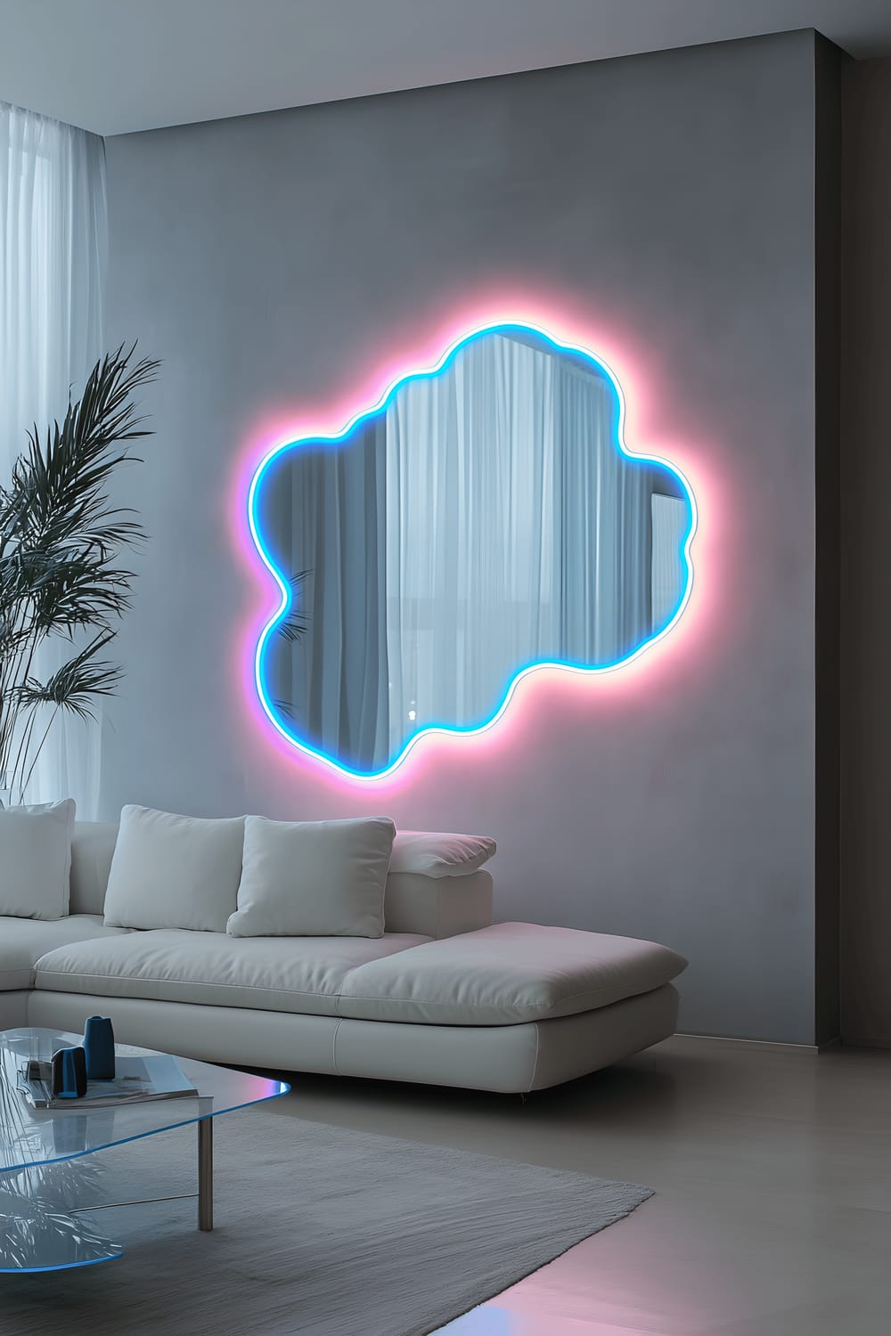 A contemporary living room featuring a large, abstract mirror shaped like a cloud with embedded pink and blue neon LEDs against a soft gray wall. The room also includes a minimalist white sofa with a neon-colored throw pillow, a sleek glass coffee table, and natural light flooding in from floor-to-ceiling windows.