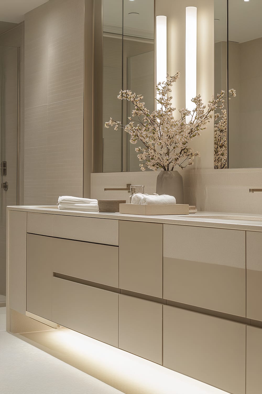 A minimalist bathroom exuding a serene ambiance with its light, sophisticated color palette. The space features sleek, cream-colored cabinetry with recessed handles and an under-cabinet lighting that casts a soft glow onto the floor. Above the countertop, a large mirror adds depth to the room, bordered by vertical light fixtures emitting a warm, soothing light. Elegant details include a small vase with blossoming branches and neatly folded white towels, adding a touch of nature and comfort.