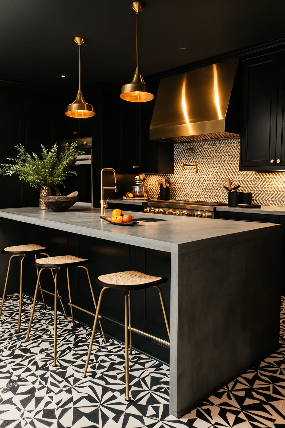 A modern kitchen with a monochromatic black color scheme, highlighted by brass and gold elements. The kitchen features a concrete island with built-in sink and gold faucet, accompanied by three bar stools with woven seats. Above the island, there are two gold pendant lights. The cabinetry is matte black, with a statement brass range hood. The backsplash is patterned in white and black chevron tiles, and the floor is covered with black and white geometric tiles. A decorative vase with greenery and a wooden bowl with oranges are placed on the island.