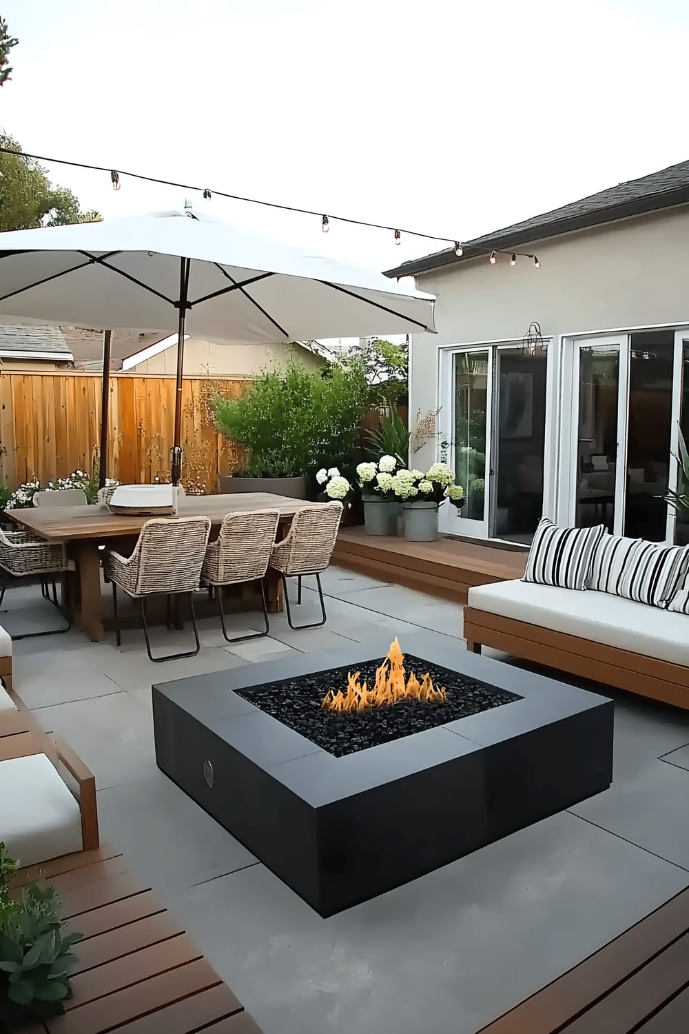 A Contemporary design backyard patio featuring a rectangular central fire pit filled with black stones. The area includes two white umbrellas shading a wooden dining table set with woven chairs and a seating place furnished with a neutral-toned couch spruced up with striped pillows. A raised wooden deck with doors leading into the house is adorned with hydrangea flower planters, and the space is surrounded by lush greenery. Overhead string lights contribute to the charm of the setup.