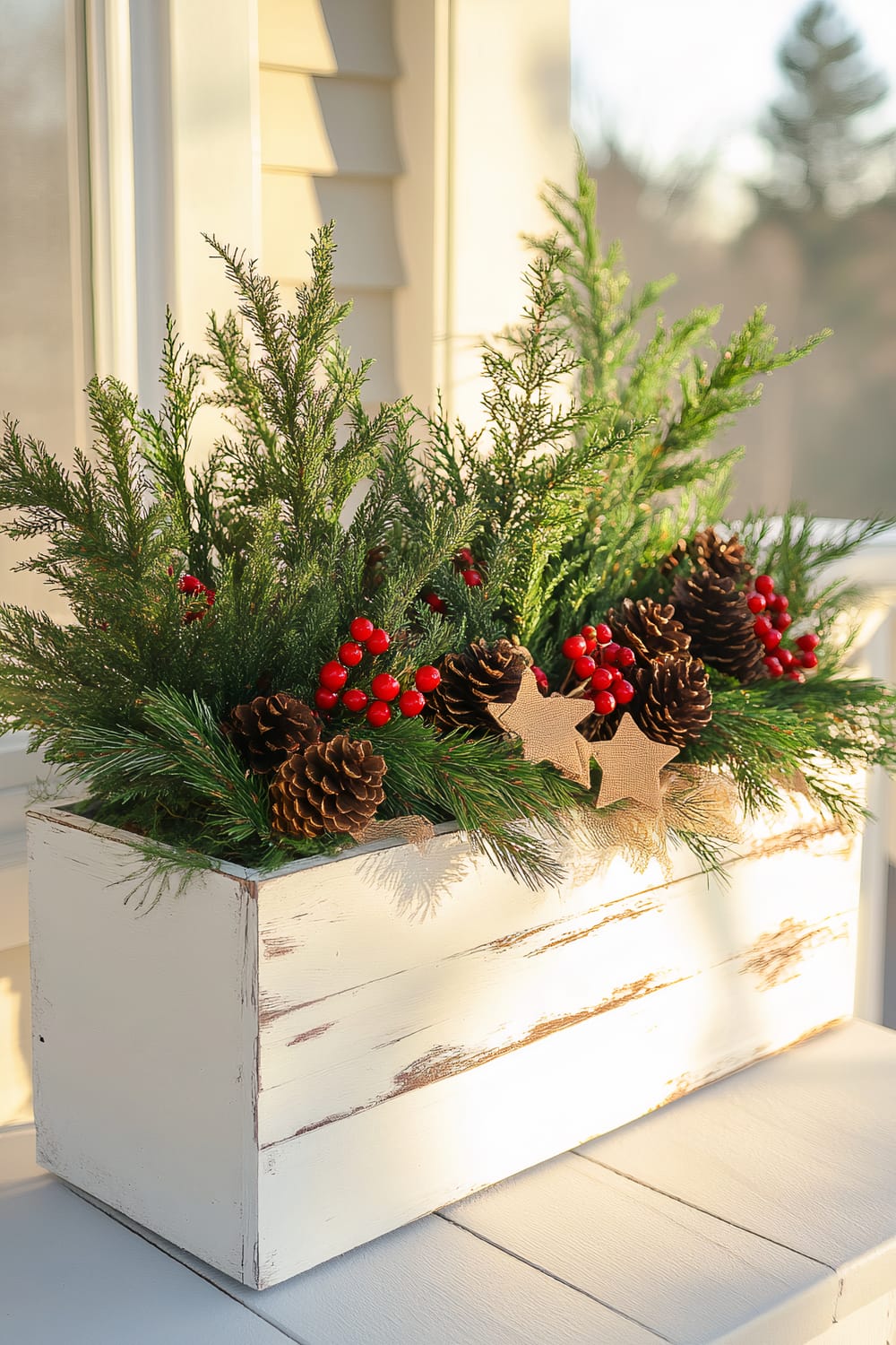 A whitewashed wooden planter filled with lush green Arborvitae, bright red cranberries, pinecones, burlap ribbons, and small wooden stars. The arrangement is set on a farmhouse-style front porch with white shiplap walls and is bathed in warm, golden hour sunlight.